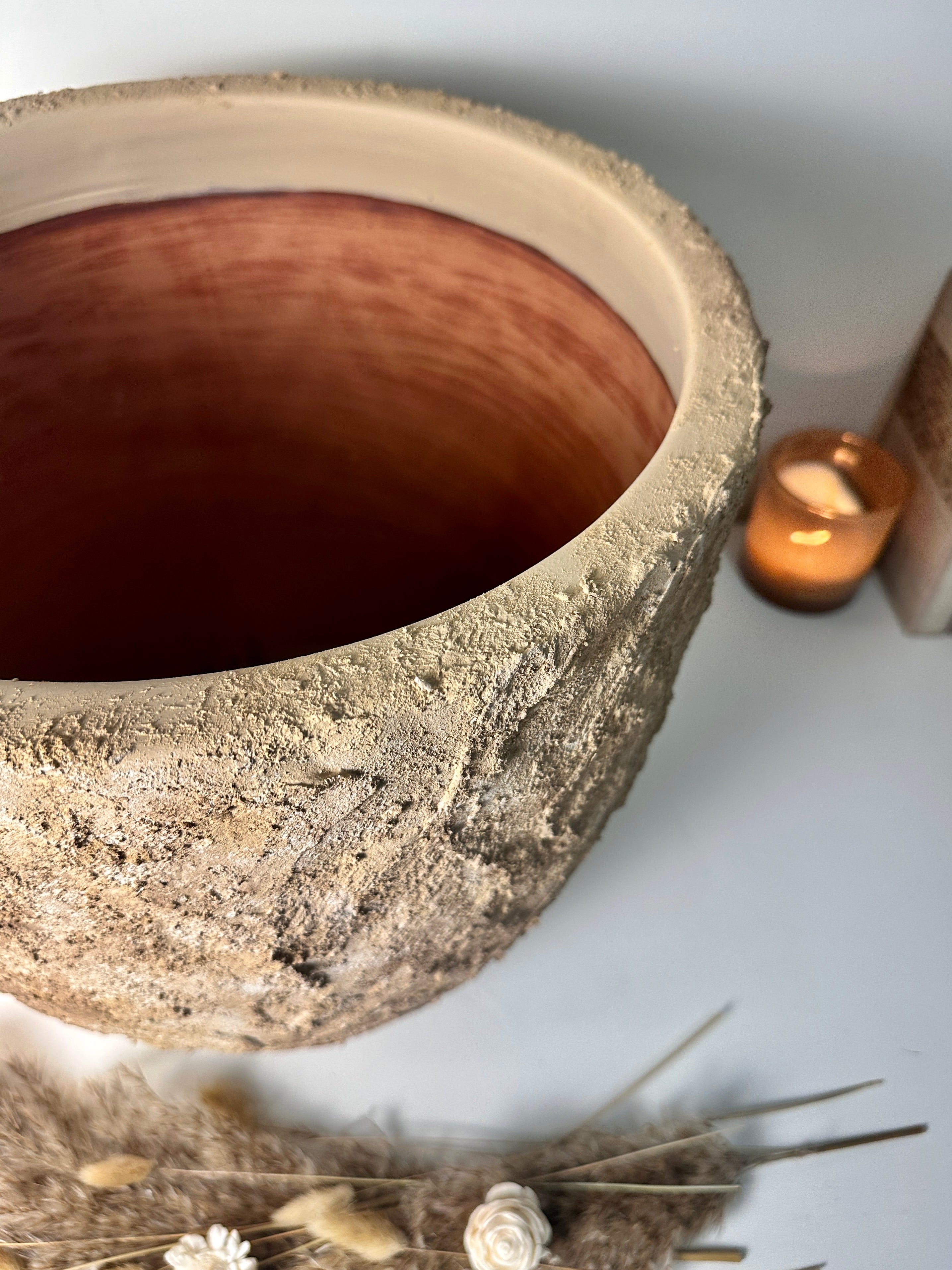 Rustic Hand-Painted & Textured Planter Pot 14" tall with drainage hole one time creation - Espresso Brown