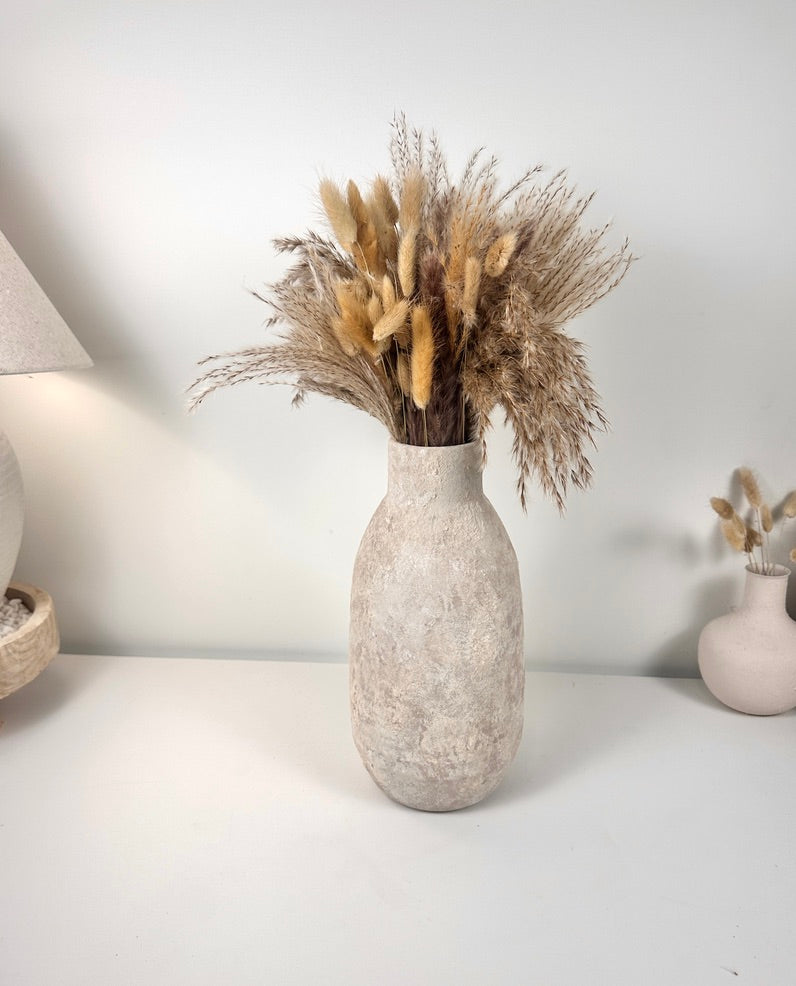 Rustic Hand-Painted/Textured Ceramic Vase 12” tall - beige washed