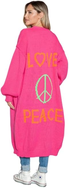 Cozy Women's Love Peace Graphic Oversized Cardigan Sweater Long Sleeve