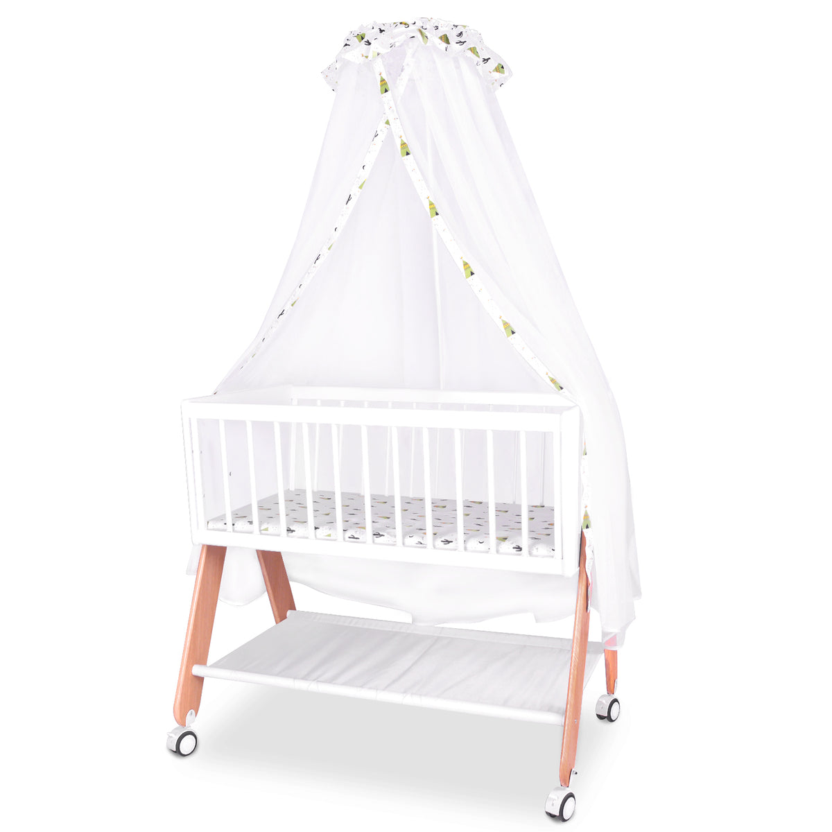 Wooden Bedside Bassinet Sleeper, Safe Stylish Baby Crib Bassinet with Locking Wheels Mosquito Net Large Storage Basket Mattress Pad Included Bassinet for Newborn and Infants