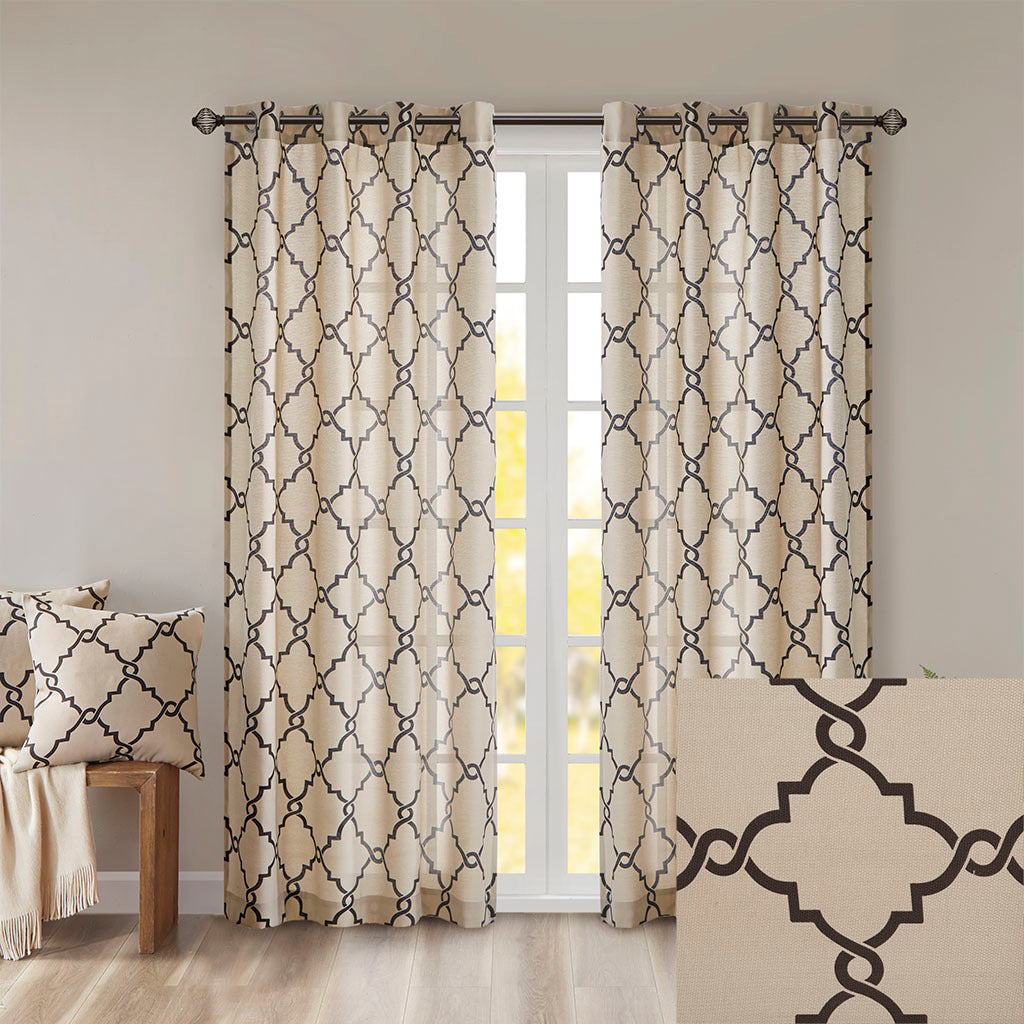 50x108"  Fretwork Print Grommet Top Window Curtain Panel - Khaki+Black (1 panel only)