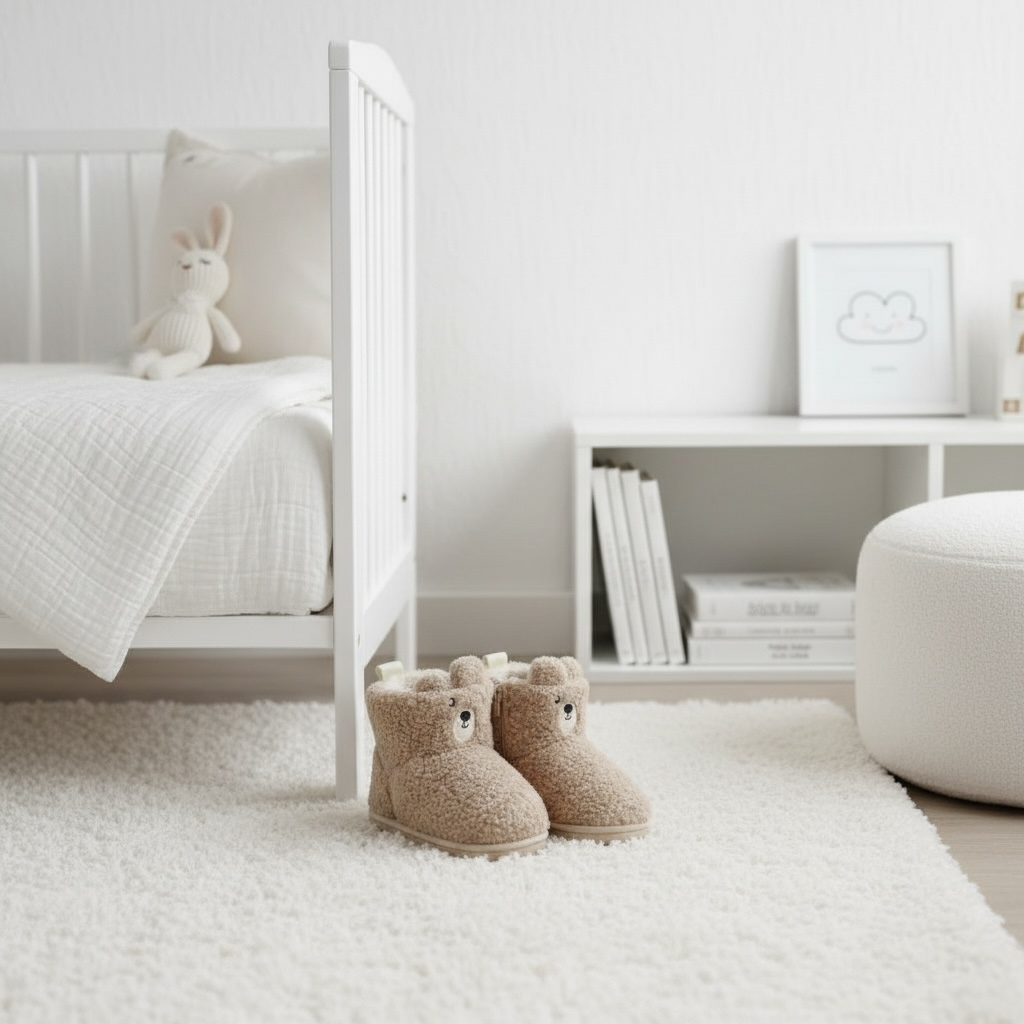 Cozy Winter Sherpa Fleece Bootie Slippers, Plush Lined Indoor House Bear Shoes for Toddlers, Beige