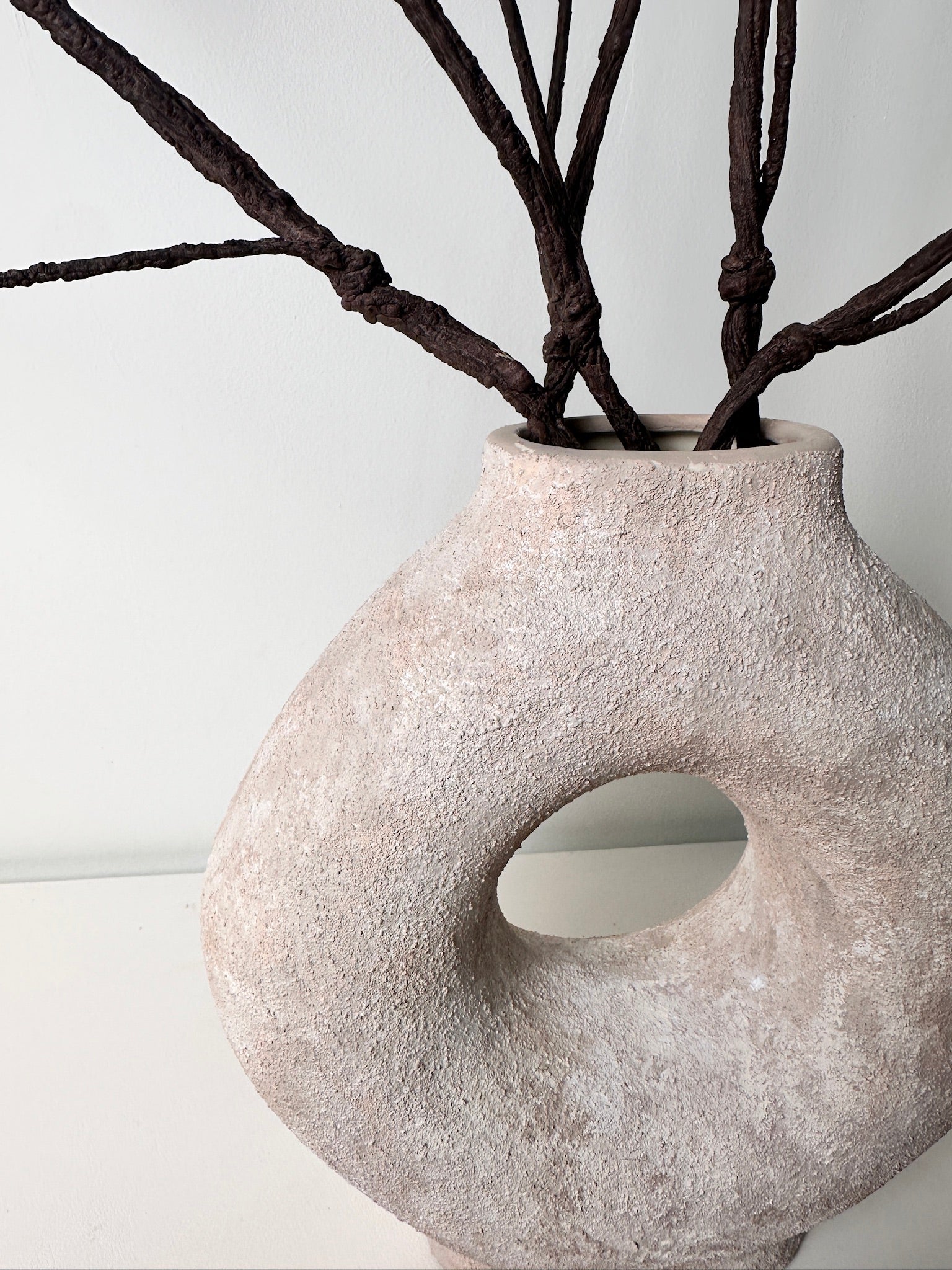 Ceramic Hand-Painted 9.5" tall Vase Donut Shape - Beige wash
