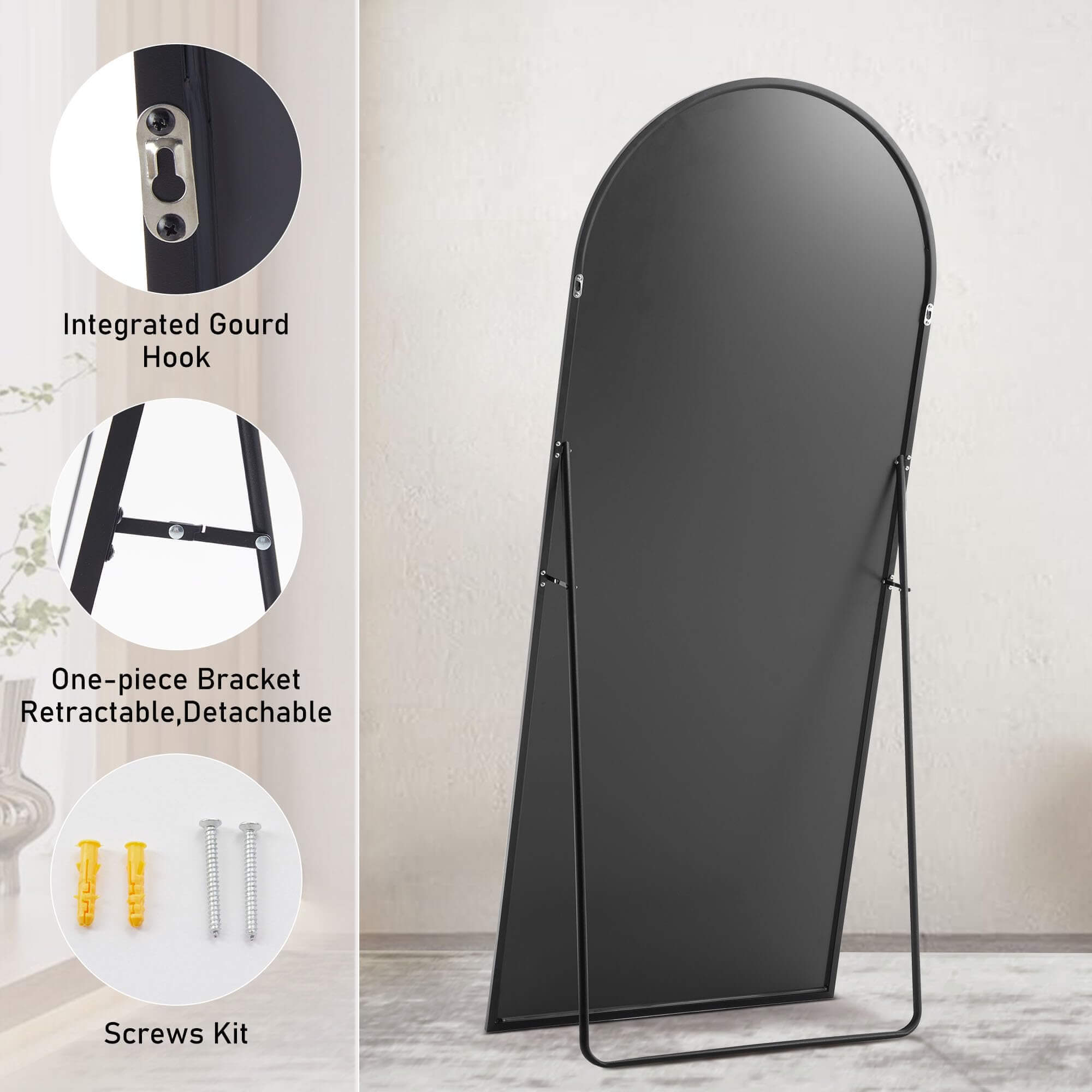 Wall Mirror with Stand Aluminum Alloy Thin Frame - Black