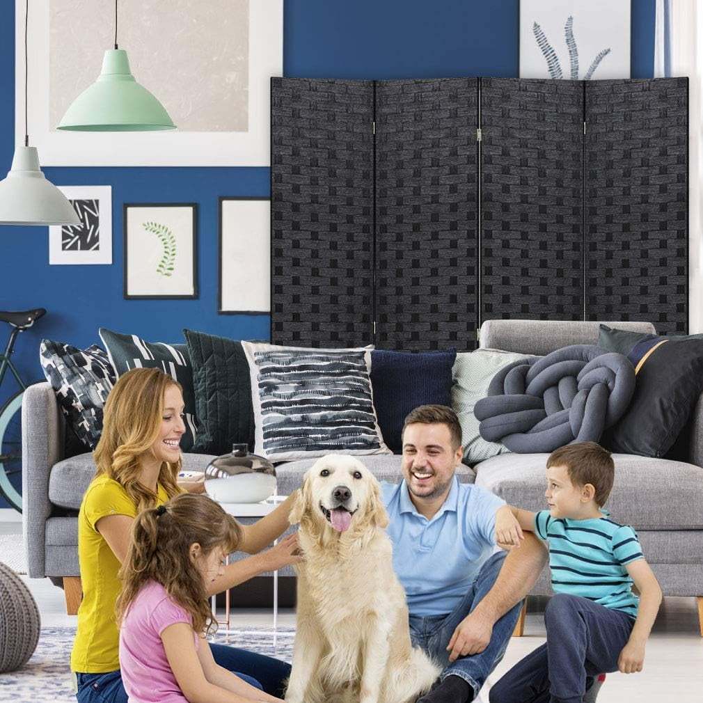 4 Panels Wood Mesh Hand-Woven Design Room Screen Divider - Black