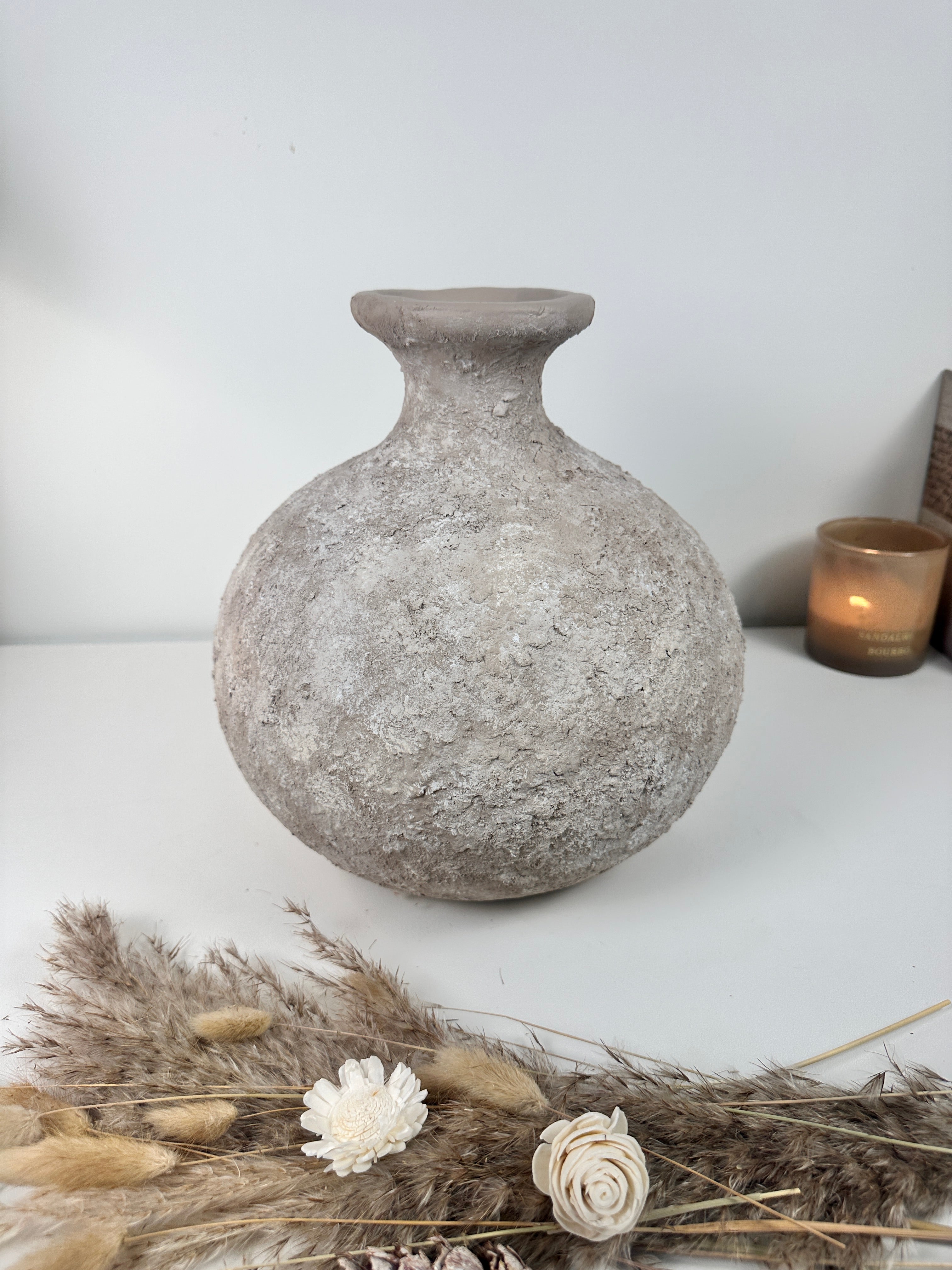 Rustic Hand-Painted Ceramic Round Bottle Vase 11" tall - Beige Wash