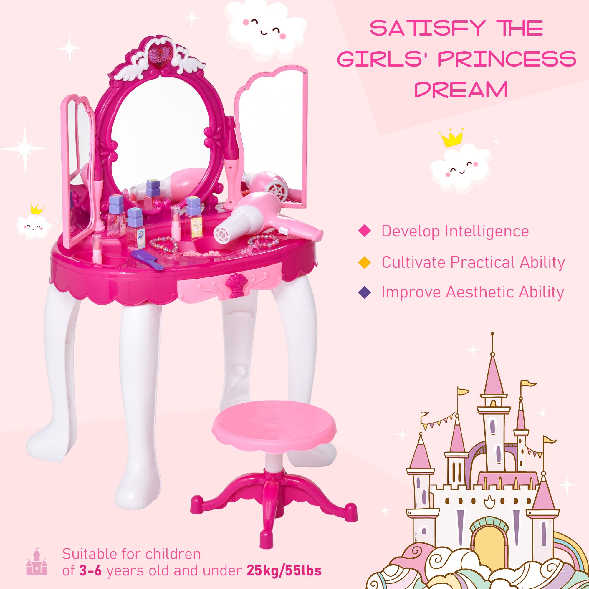 Infrared Remote Control Kids Vanity Set, Girls Pretend Dressing Table Set with Magic Wand, Music, Lightening, Cosmetic Mirror, Hair Dryer and Makeup Accessories