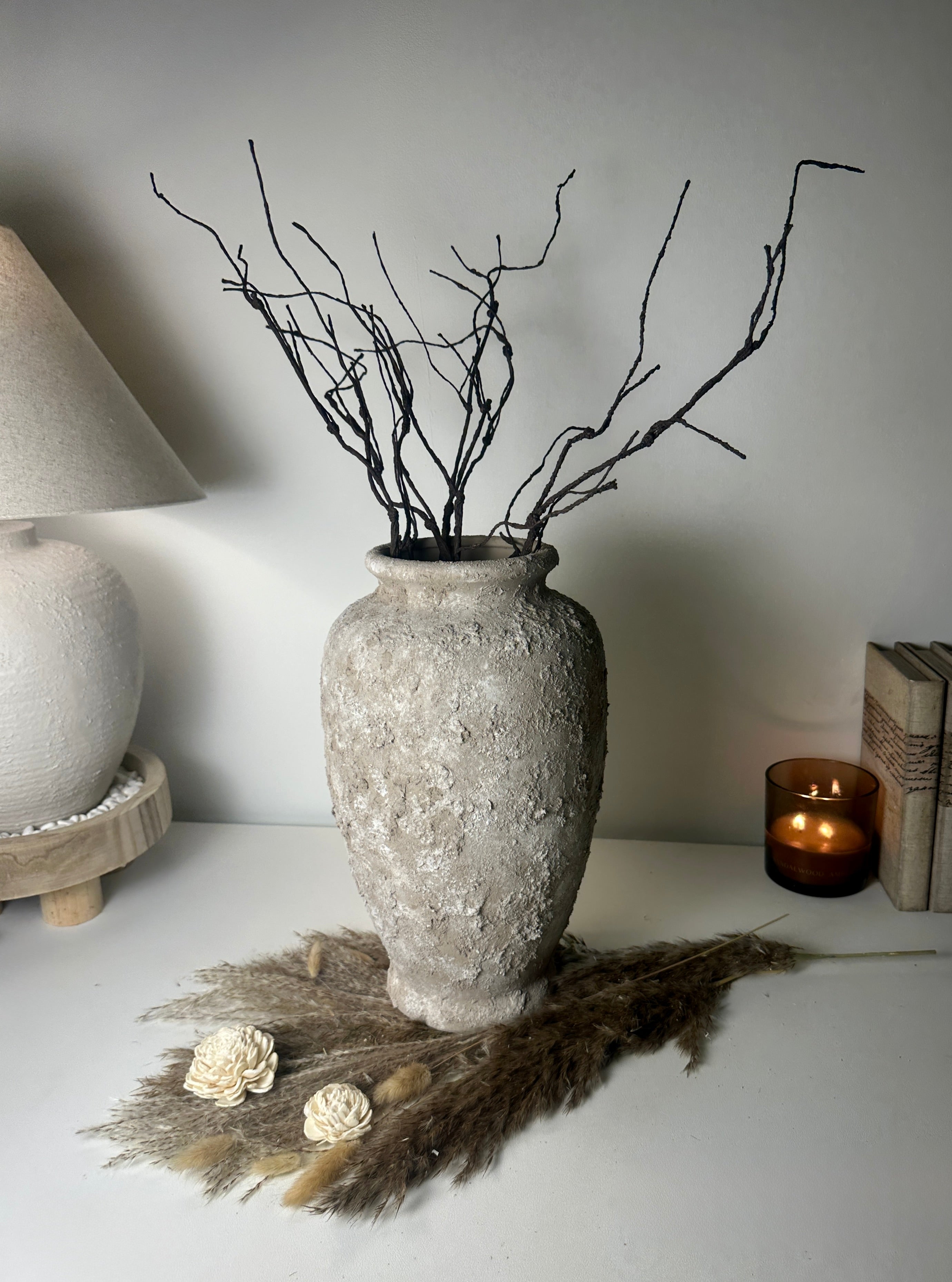Rustic Hand-Painted Textured Ceramic Vase 14" tall - Beige Wash