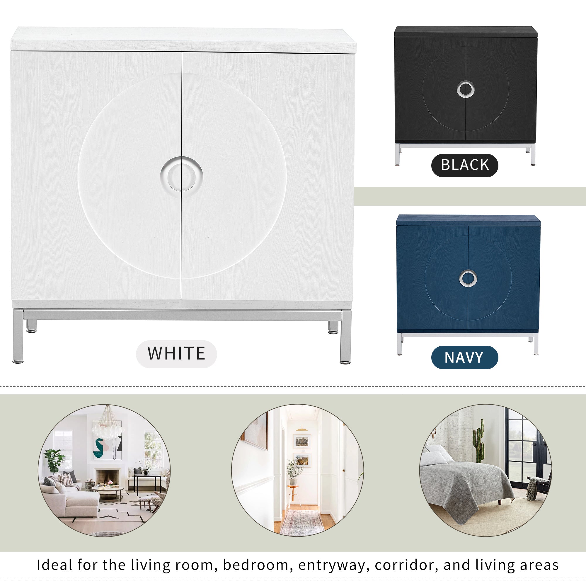 Accent Cabinet with Solid Wood Veneer and Metal Leg Frame for Living Room, Entryway, Dining Room - White