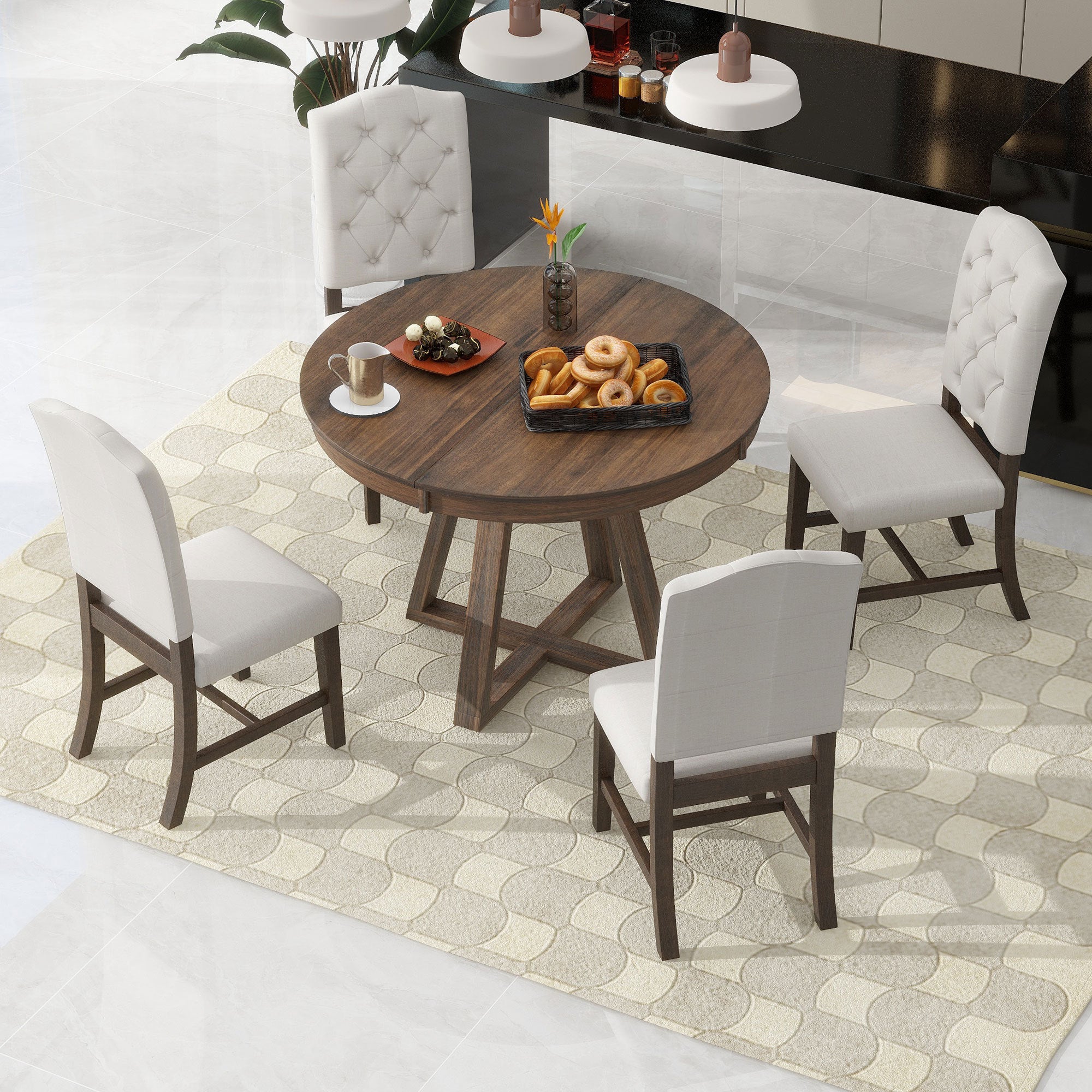 5-Piece Retro Functional Dining Set, Round Table with a 16"W Leaf and 4 Upholstered Chairs - Walnut