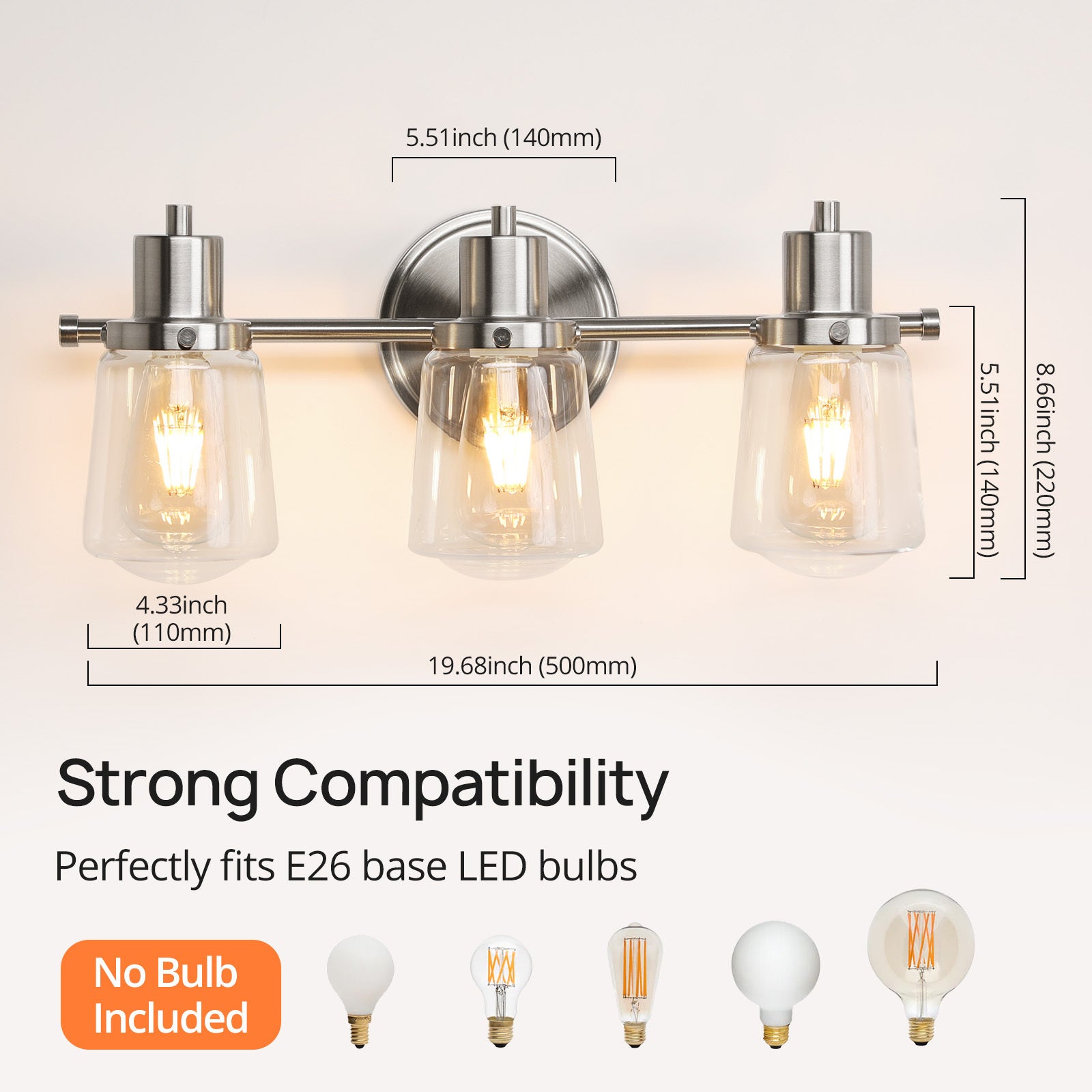 3-Light Vanity Light with Clear Glass Lampshade - Silver