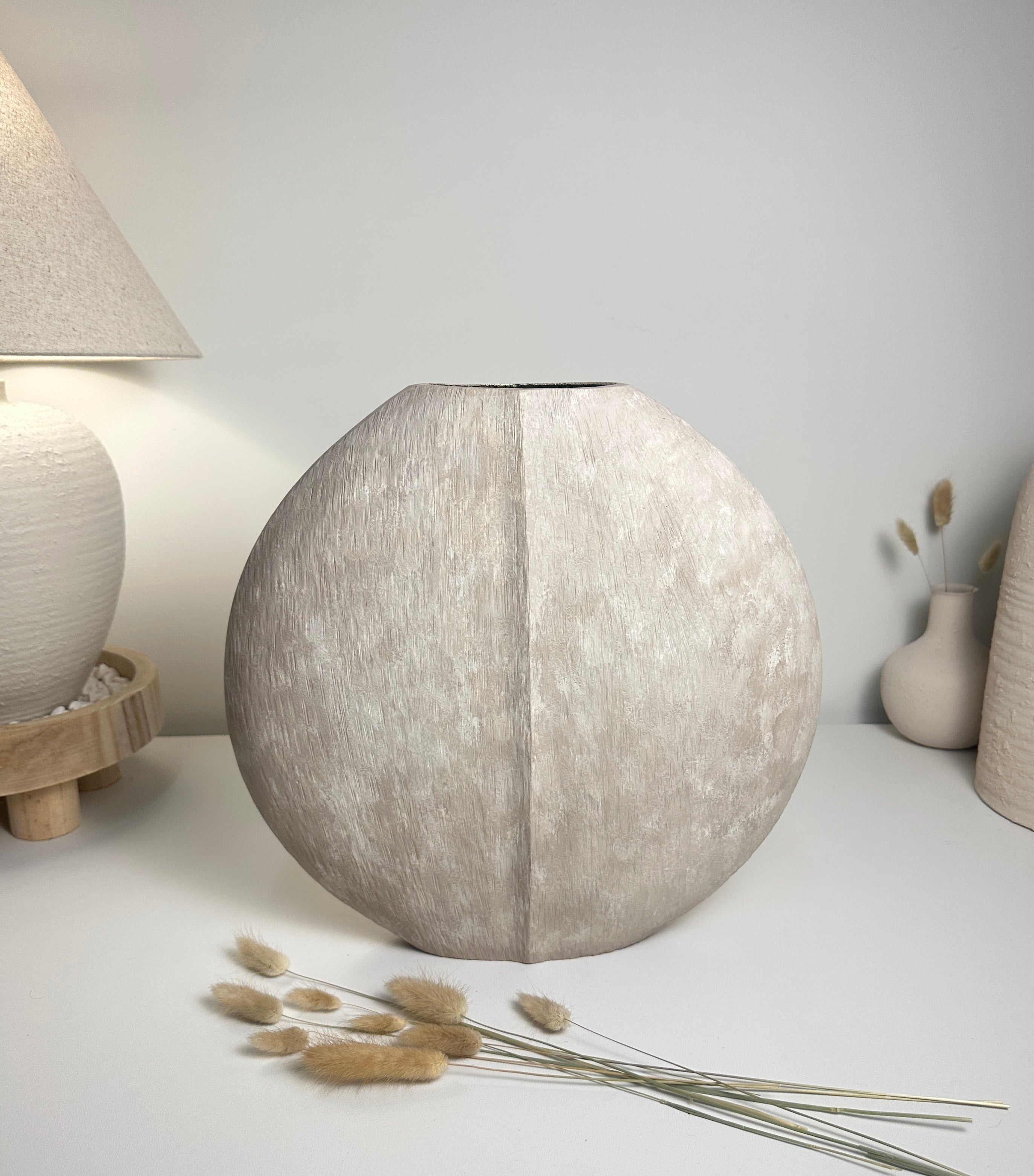 Modern Round metallic Beige Washed vase 14” tall
