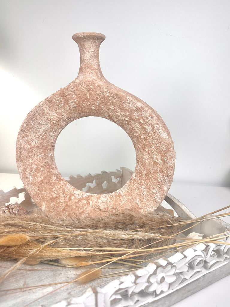 Terracotta Hand-Painted Textured Donut Metal Vase 12" tall