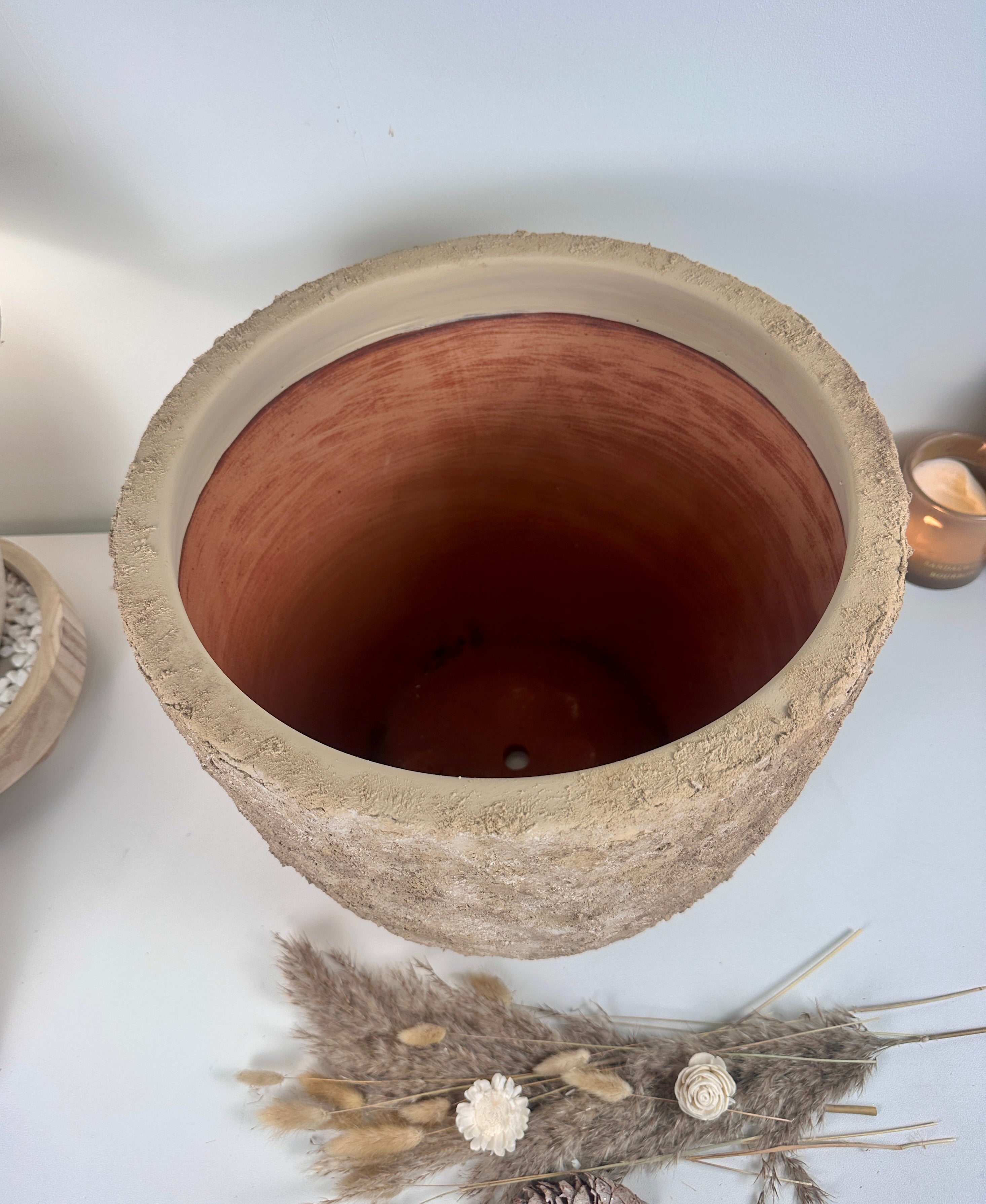 Rustic Hand-Painted & Textured Planter Pot 14" tall with drainage hole one time creation - Espresso Brown