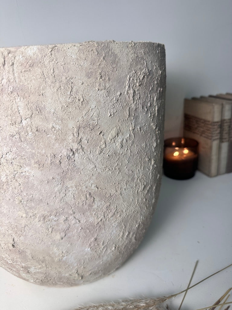 13.5" tall Minimalist Hand-Painted & Textured Planter Pot with drainage hole - French Beige