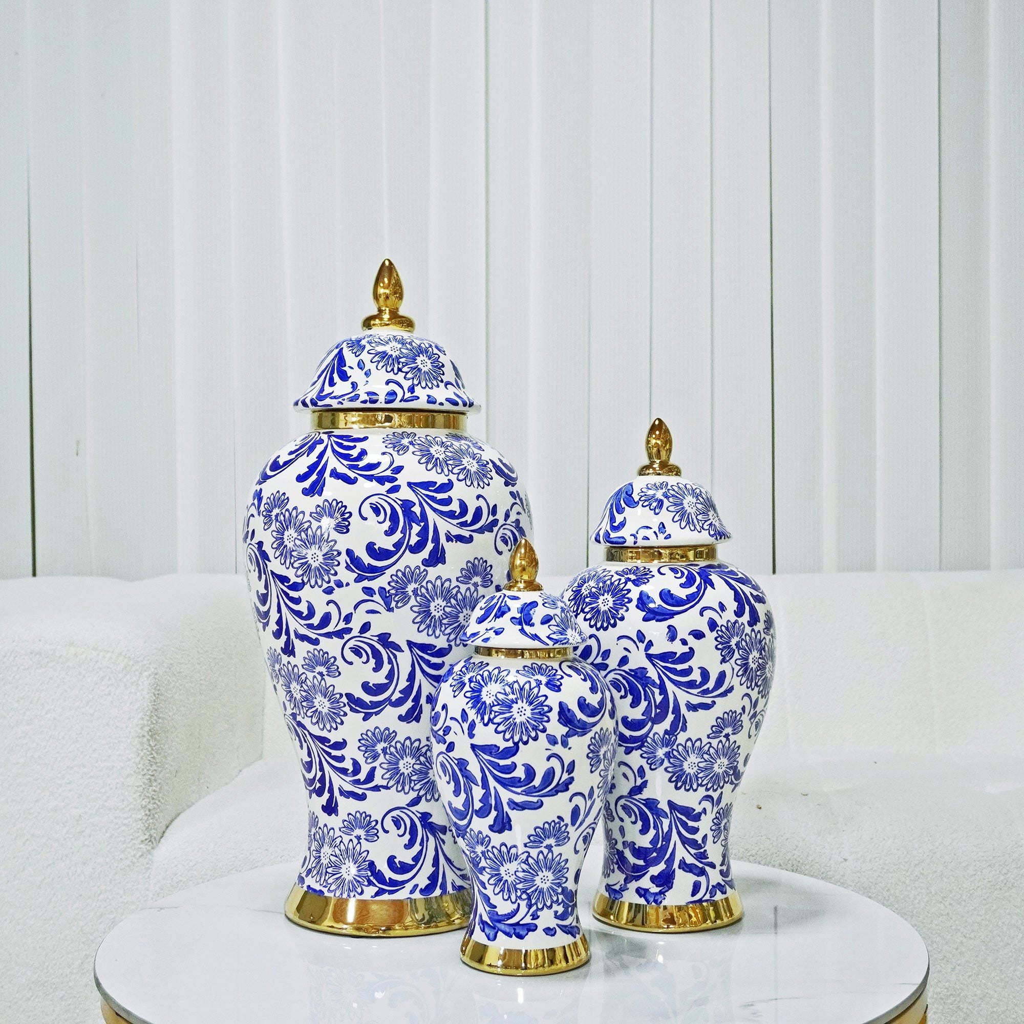 14"H White Ceramic Ginger Jar Vase with Blue & Gold Accents and Removable Lid