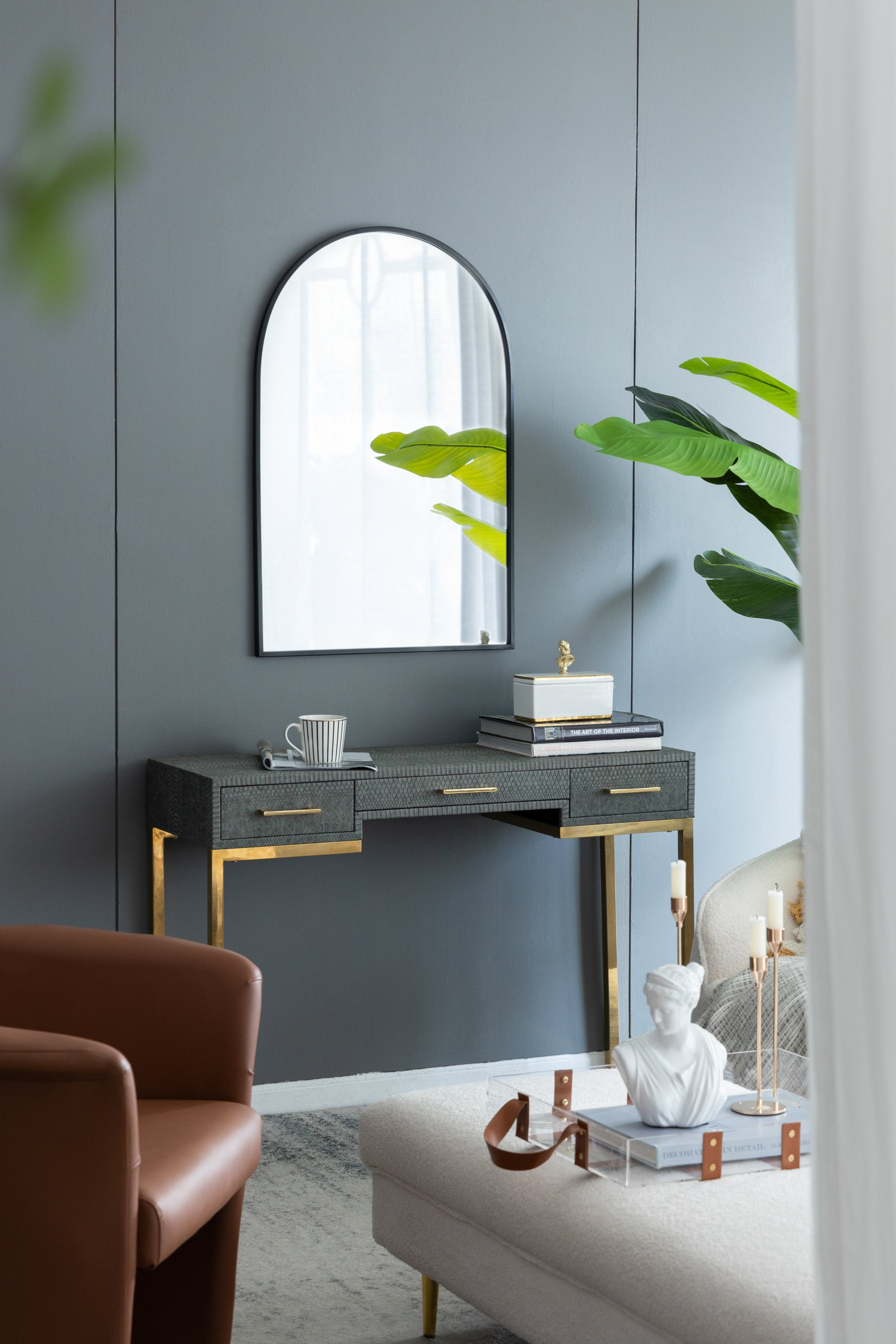 Black Arched Mirror with Metal Frame