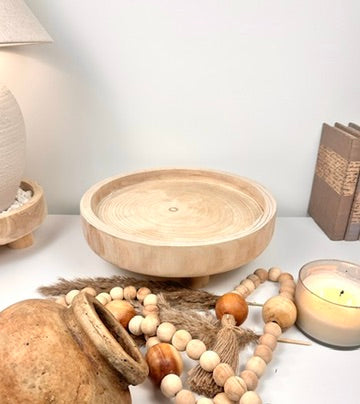 Set of 3 Decorative Accent Boho Mediterranean Style, Organic and Rustic Centerpiece Setting (Vase, Paulownia Tray and Natural Wood Bead Garland)