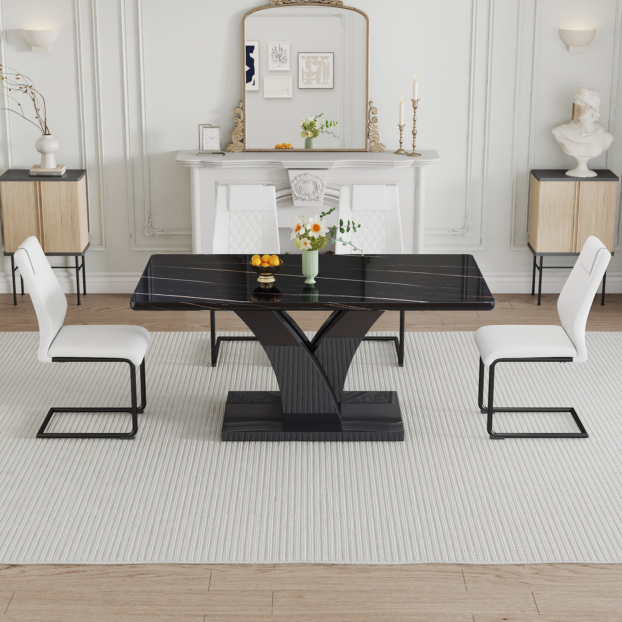 Modern Dining Table, Black Desktop and Black MDF Leg