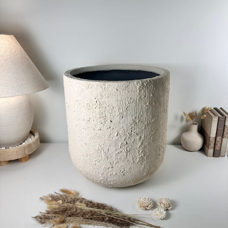 Minimalist Hand-Painted & Textured Planter Pot 17.5" tall with drainage hole one time creation - cream