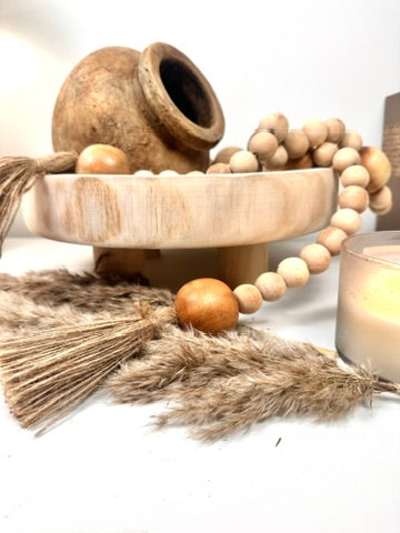 Set of 3 Decorative Accent Boho Mediterranean Style, Organic and Rustic Centerpiece Setting (Vase, Paulownia Tray and Natural Wood Bead Garland)