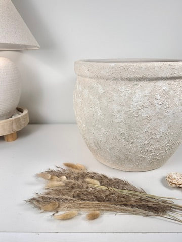 Minimalist Hand-Painted & Textured Planter Pot 12" tall with drainage hole one time creation - Cream wash