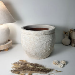 Minimalist Hand-Painted & Textured Planter Pot 12" tall with drainage hole one time creation - Cream wash