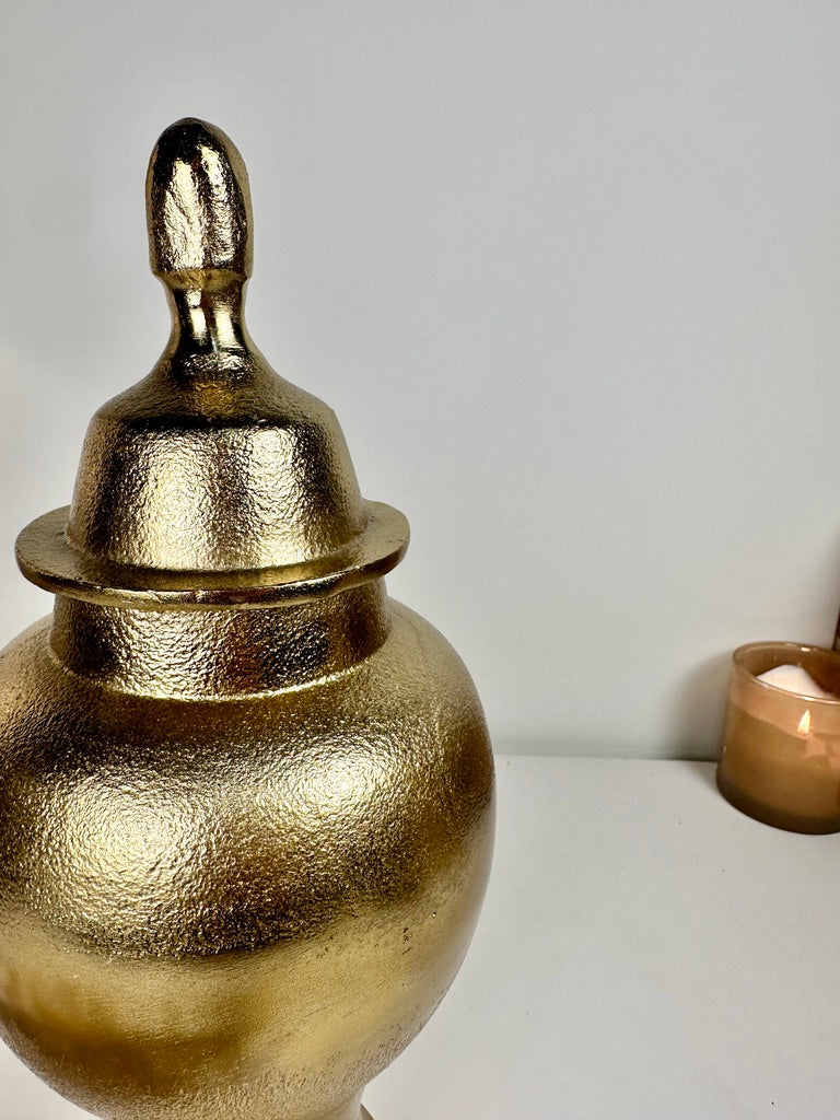 Gold Metal Ginger Jar Hammered Finish with Classic Lid 15" tall