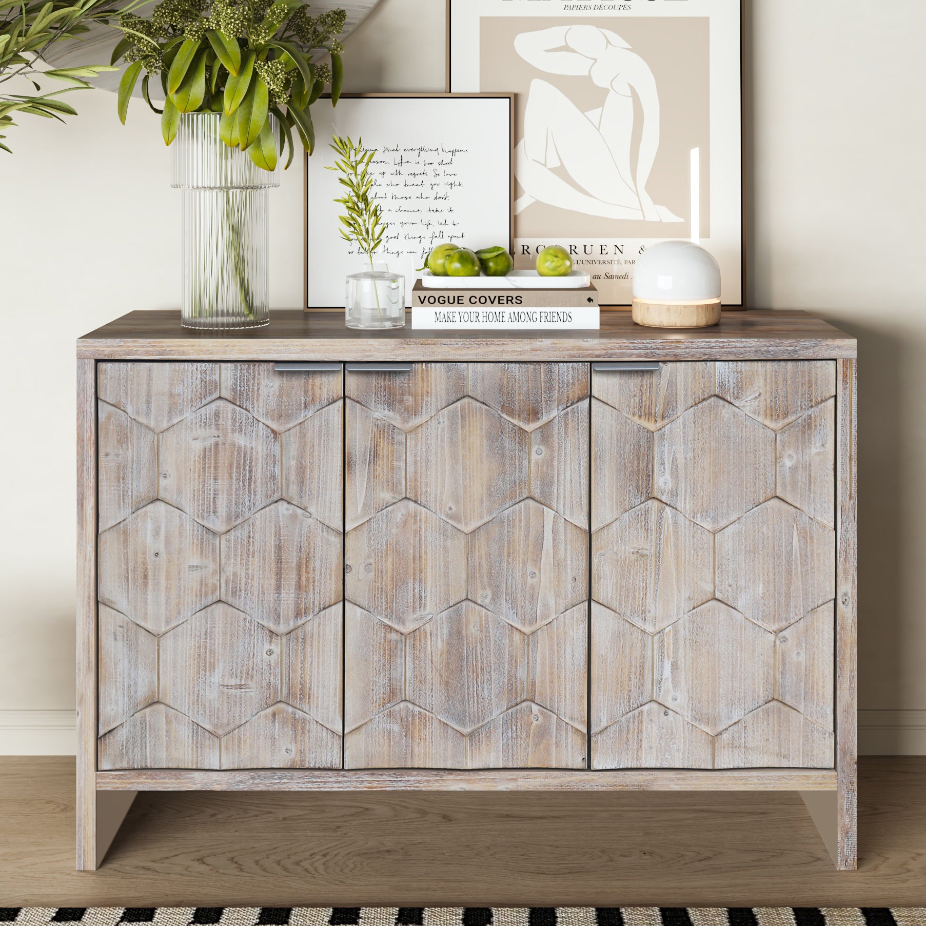 Accent Cabinet Farmhouse Style 3 Door Wooden - Natural Wood Wash