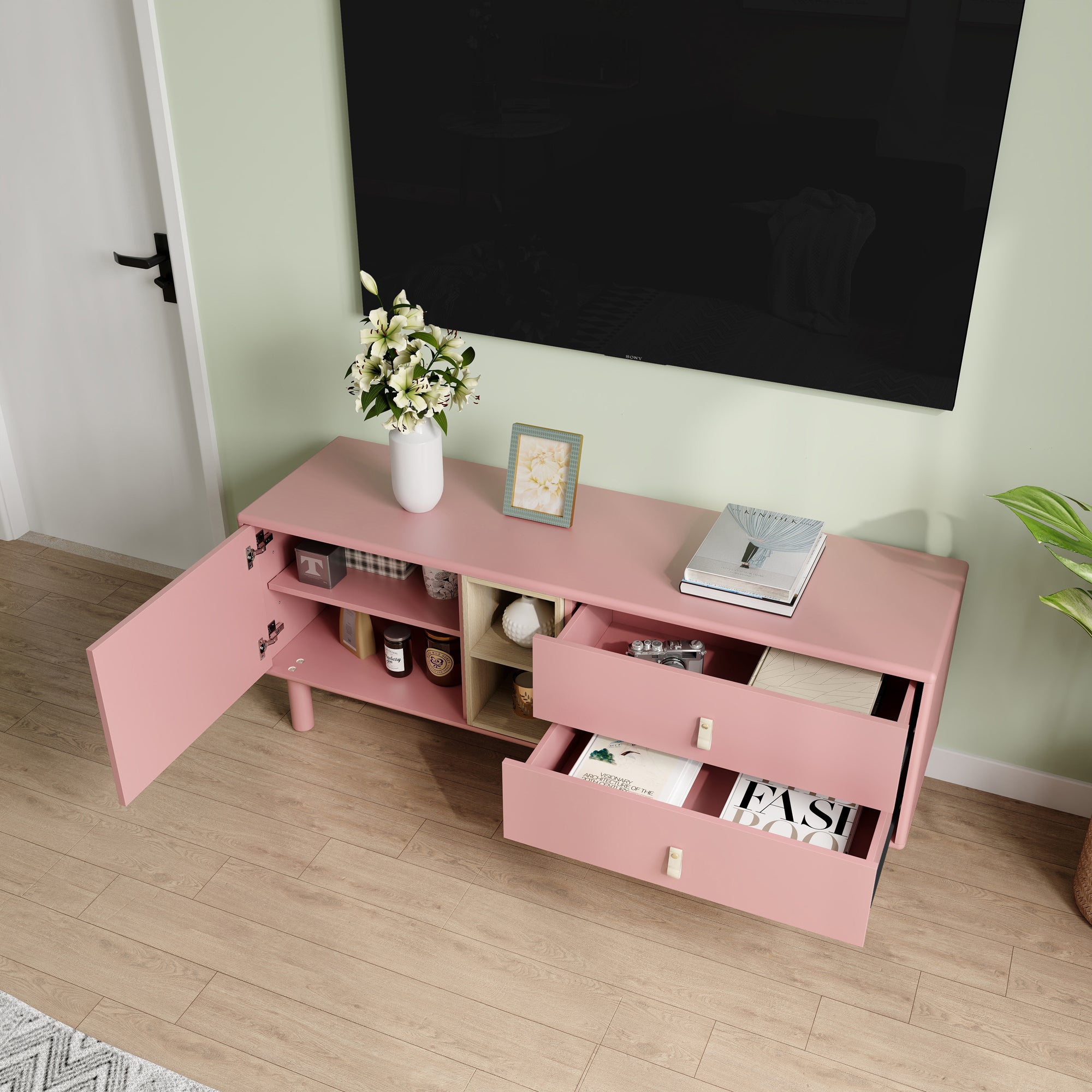Drawer TV Home Cabinet with Door, Storage, multi-functional - Pink