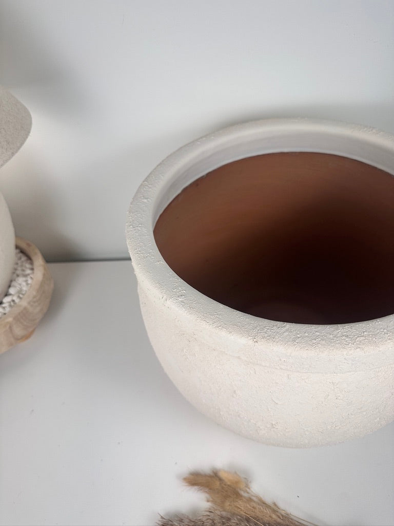 Minimalist Hand-Painted & Textured Planter Pot 12" tall with drainage hole one time creation - Cream
