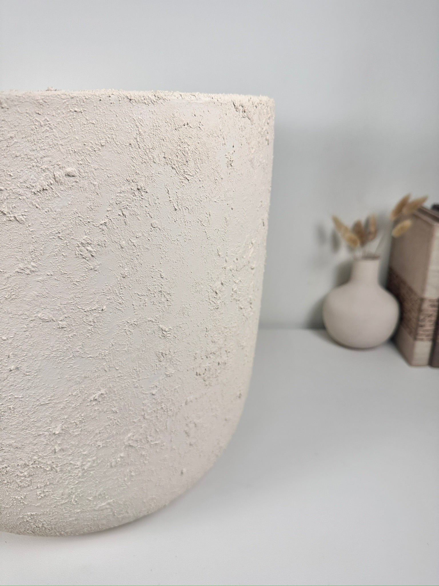 Minimalist Hand-Painted & Textured Planter Pot 14" tall with drainage hole one time creation - Cream