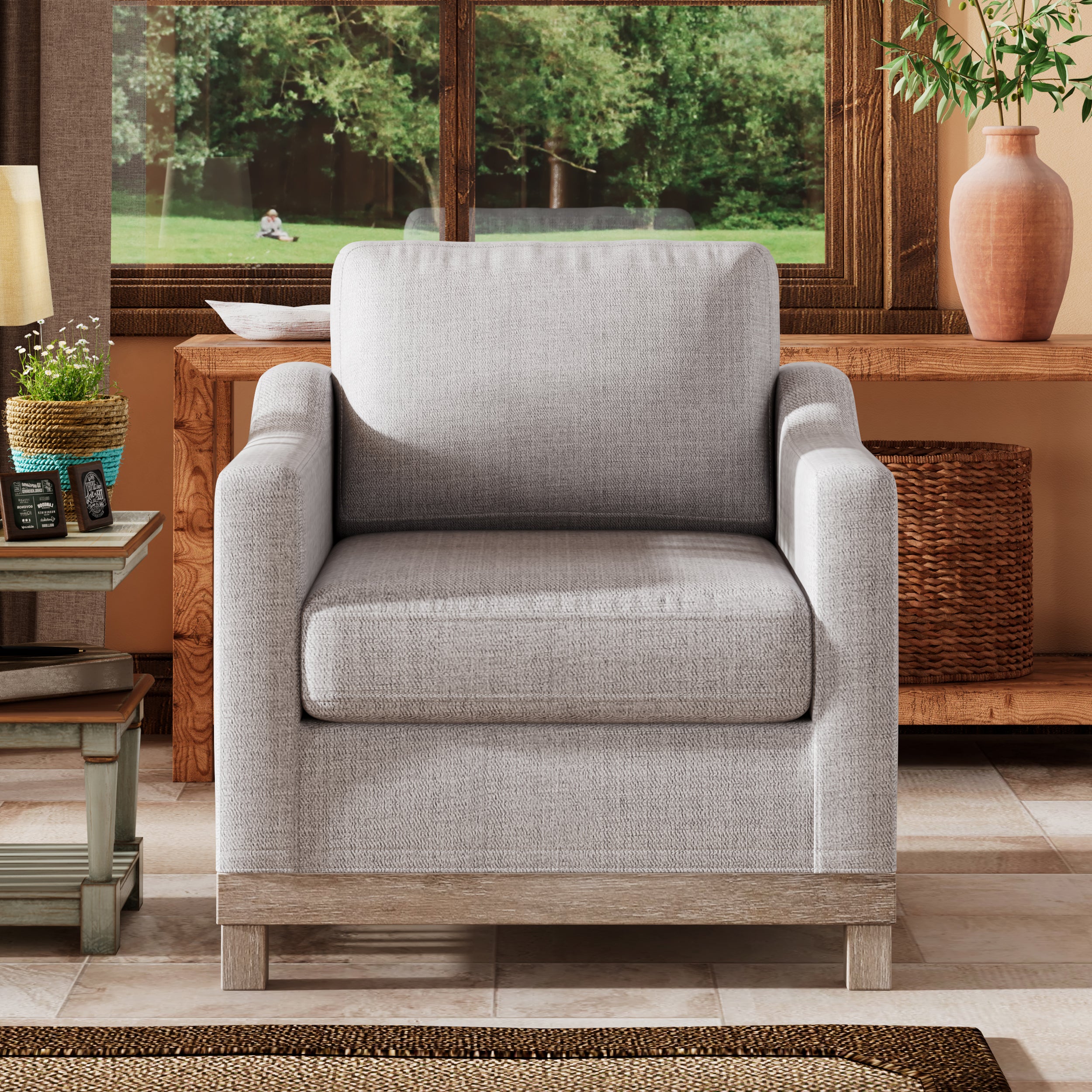 Contemporary Accent Chair with Rubber Wood Base Accent Chair - Grey