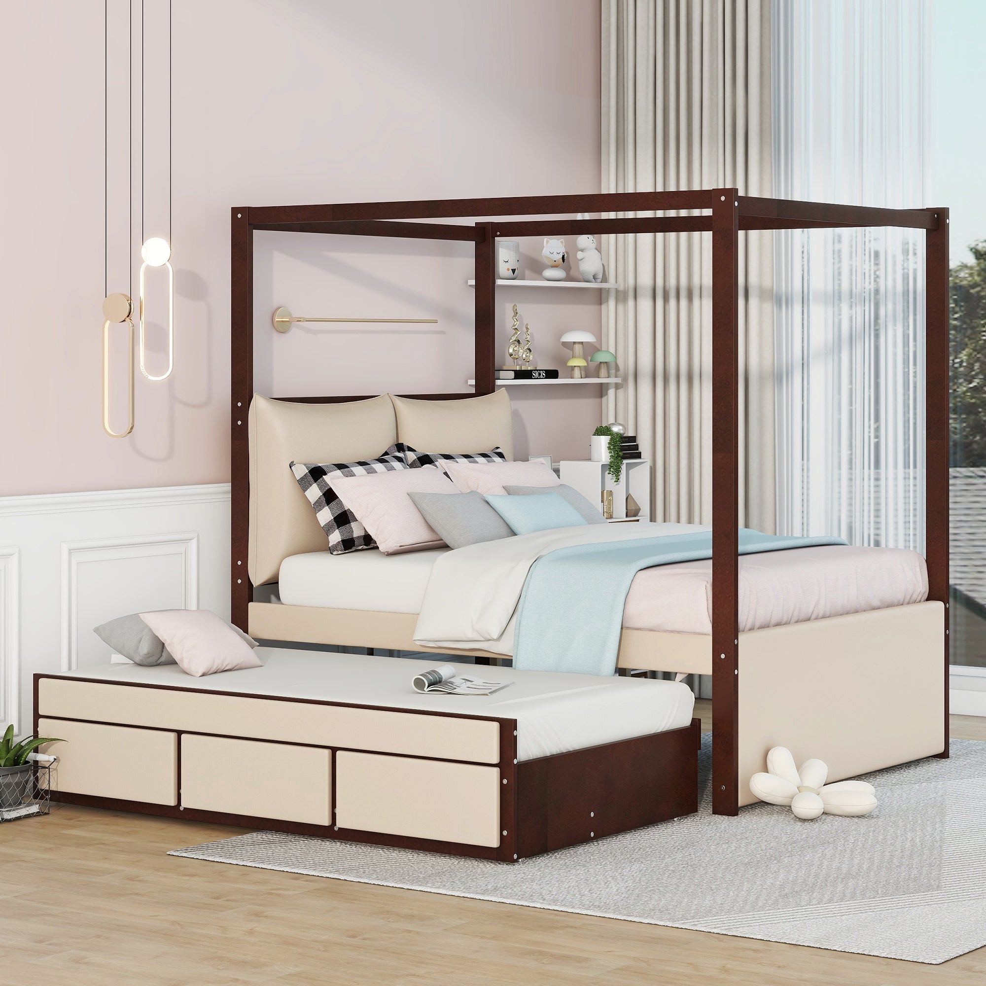Full Size Upholstered  Canopy Bed with Trundle and 3 Drawers - Beige