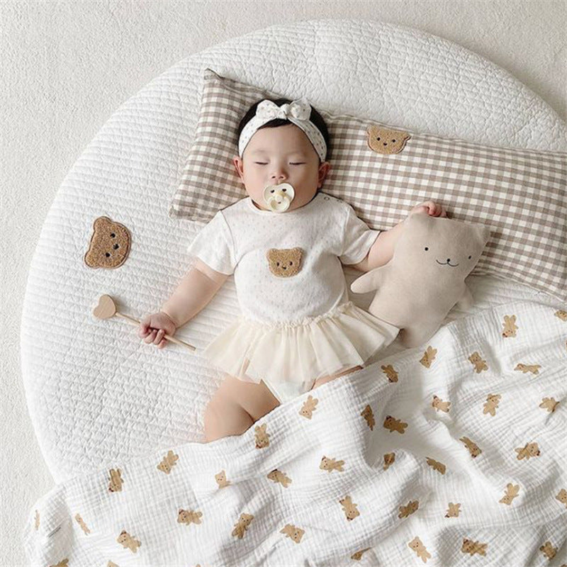 Cotton Baby Plaid Bear Embroidery Bedside Pillow
