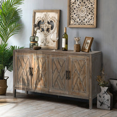 4 Door Wooden Twill Sideboard American Country Vintage Old Living Room Dining Room Hallway Entryway Cabinet - Antique Brown