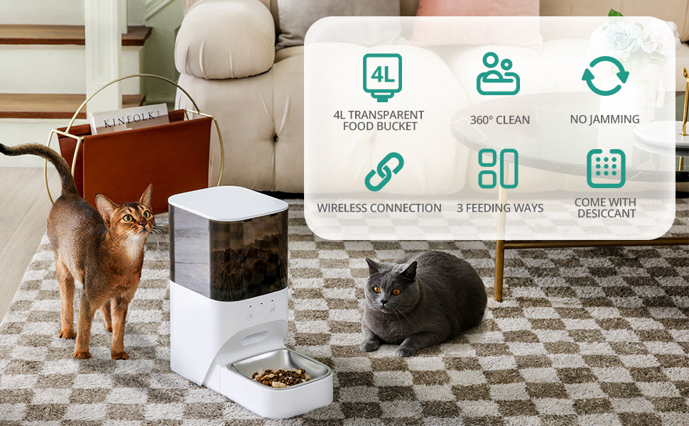 Automatic Cat Feeder, Timed Cat Feeder with APP Control, Dog Food Dispenser with Stainless Steel & Lock Lid, Up to 20 Portions 10 Meals Per Day, 30S Voice Recorder, 4L Programmable Pet Feeder