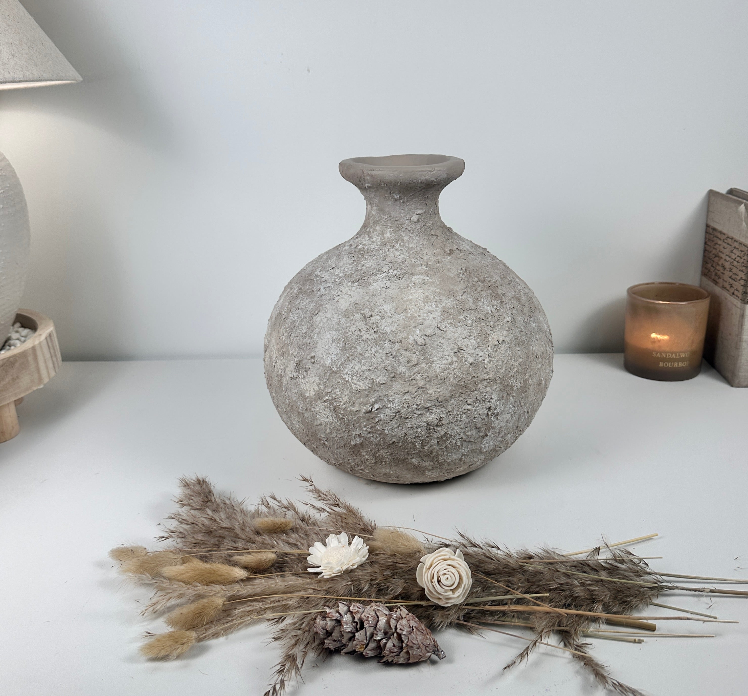 Rustic Hand-Painted Ceramic Round Bottle Vase 11" tall - Beige Wash