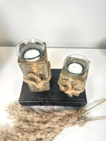 Set of 2 Rustic Farmhouse Handcrafted Candle Holders 4“ and 6” tall