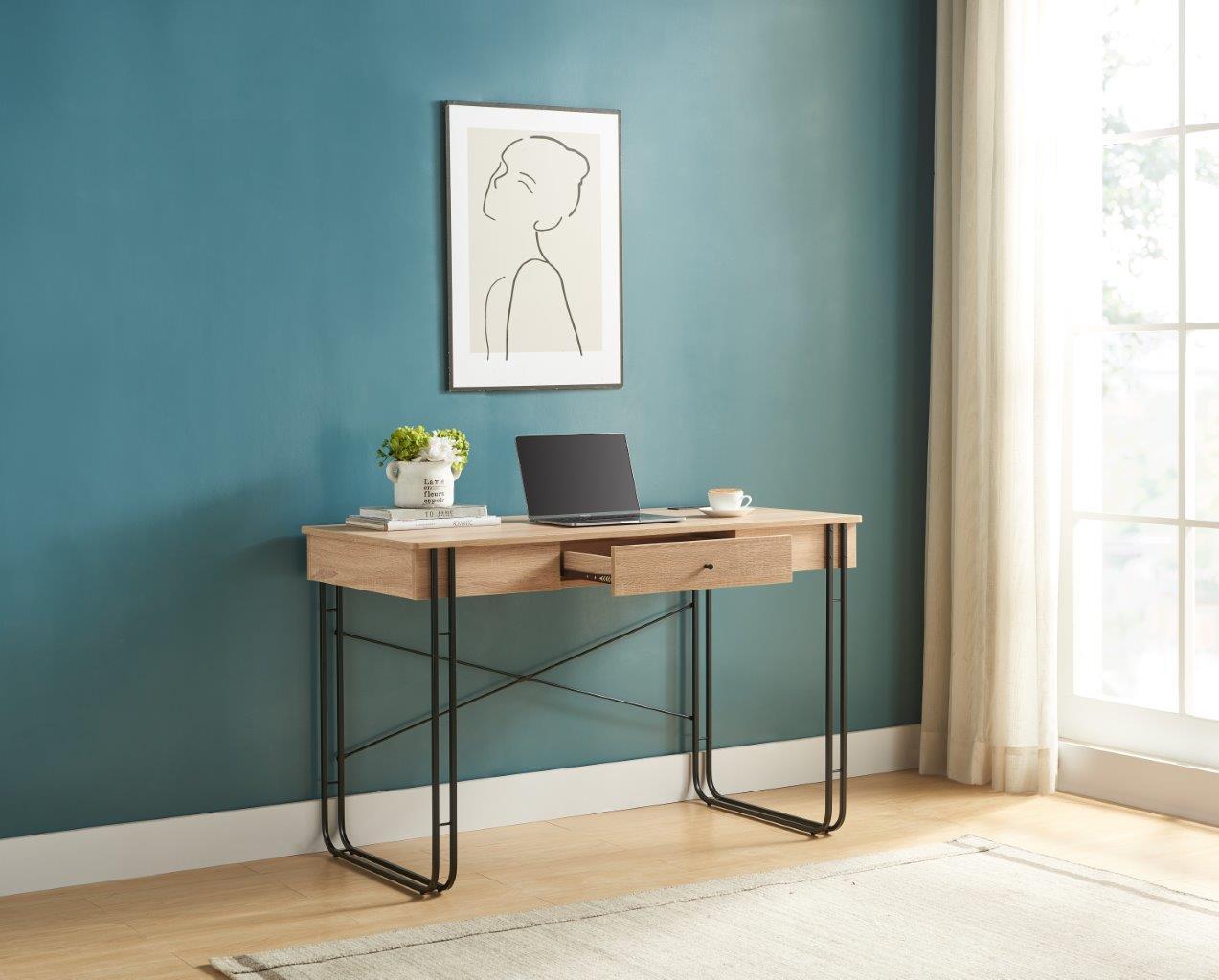 Computer Writing Desk with One Drawer Metal Legs and USB Outlet Port – Light Brown & Black