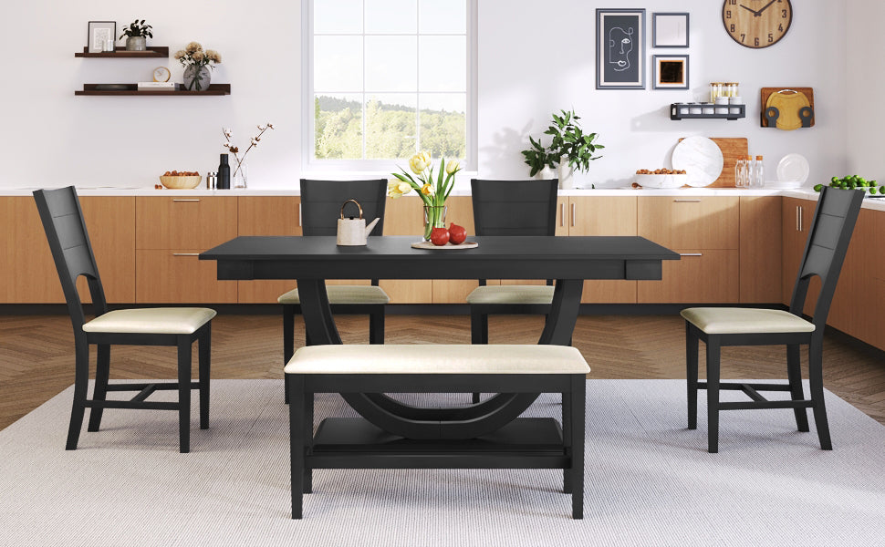 6-Piece Wood Half Round Dining Table Set with Long Bench and 4 Dining Chairs - Grey