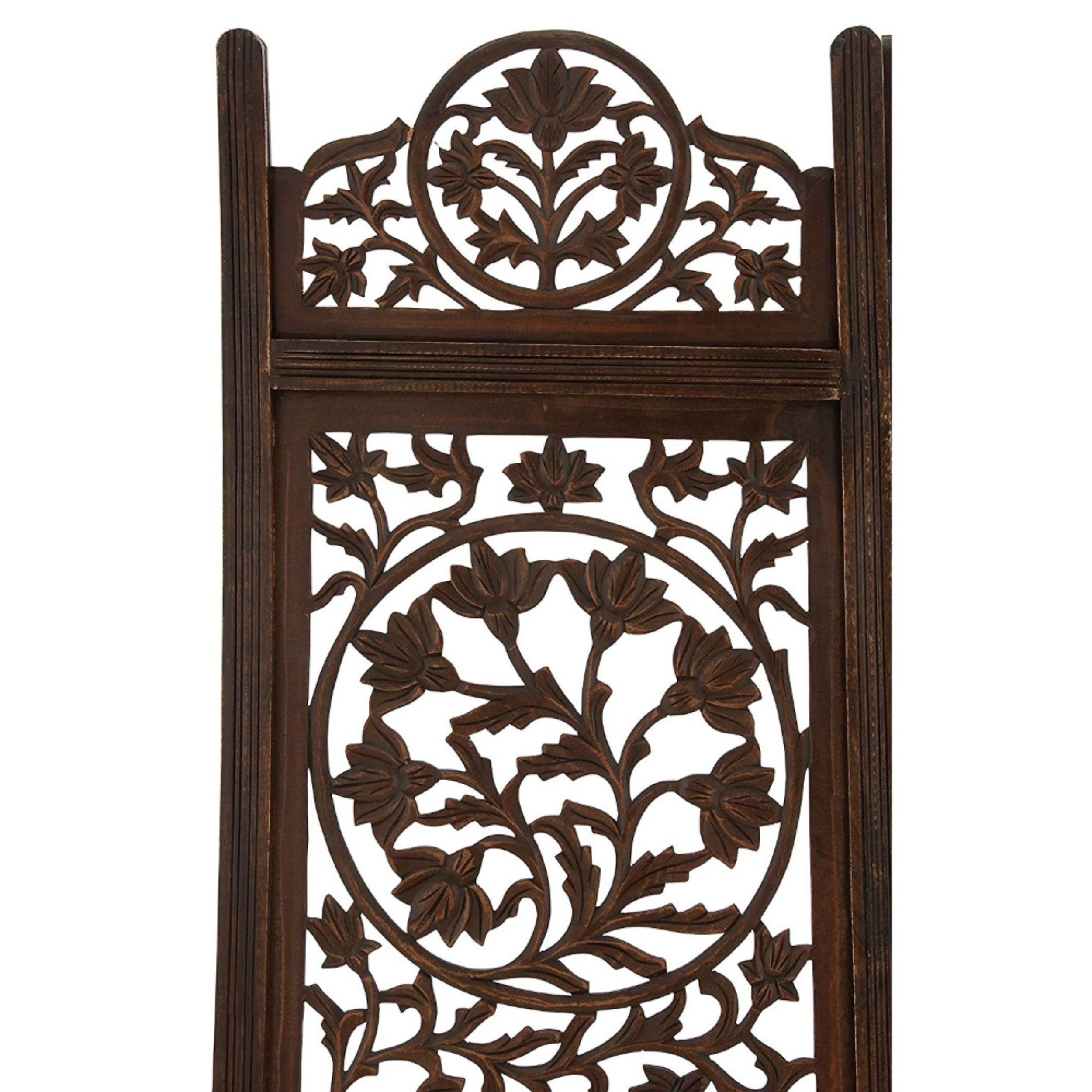 Handcrafted Wooden 4 Panel Room Divider Screen Featuring Lotus Pattern Reversible