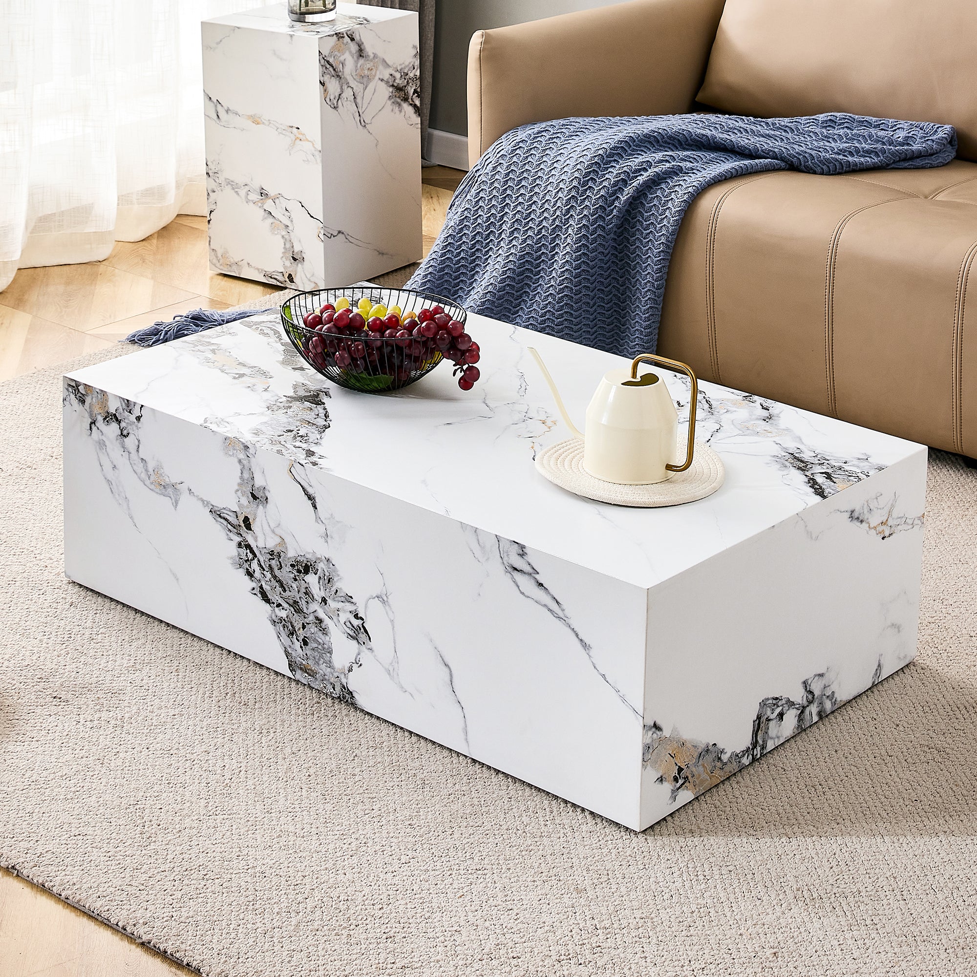 Modern Coffee Table with Marble Pattern - White