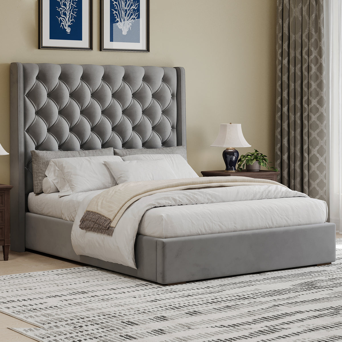 67.5' Tall Headboard Upholstered King Size Bed with Handmade Deep Button Tufted, Box Spring Needed, Velvet
