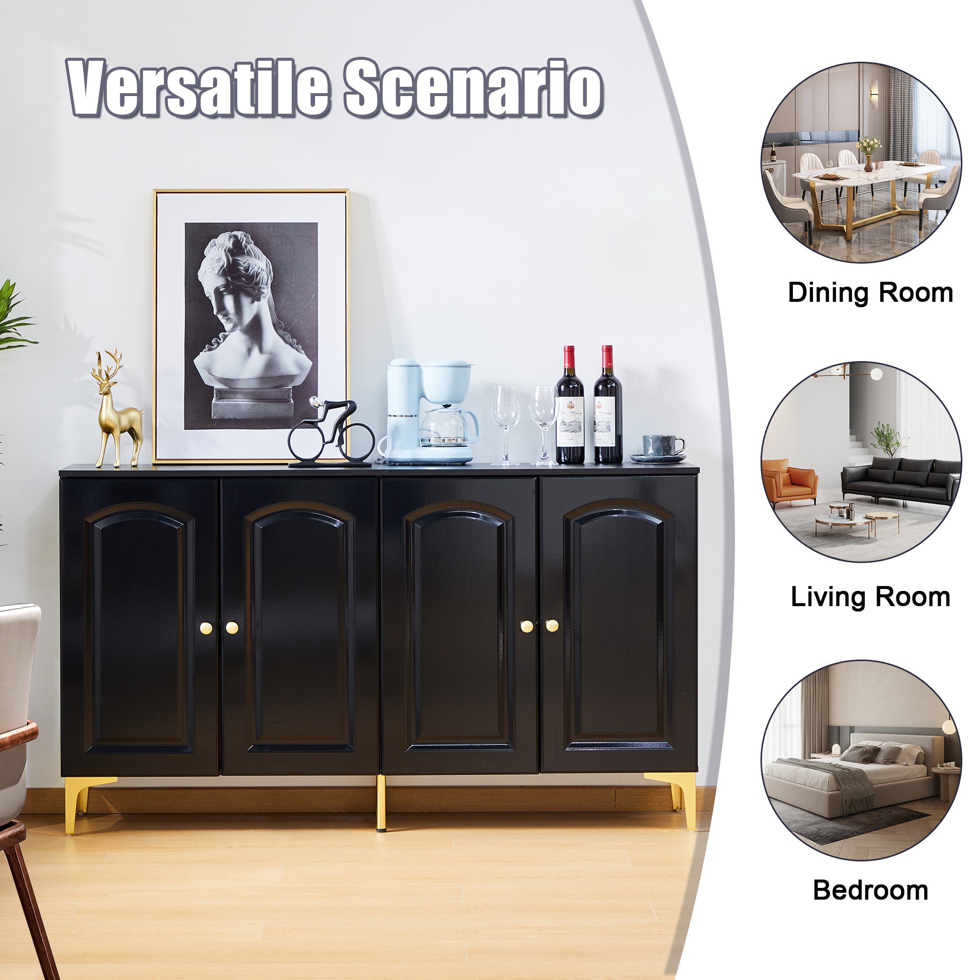 Buffet Sideboard 4 Doors Accent Storage Cabinet, Mid Century Modern Buffet Table with Adjustable Shelf - Black
