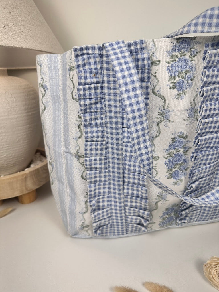 French Provençale Style Tote Bag 15" tall Eco-Friendly botanical floral print - Blue and White