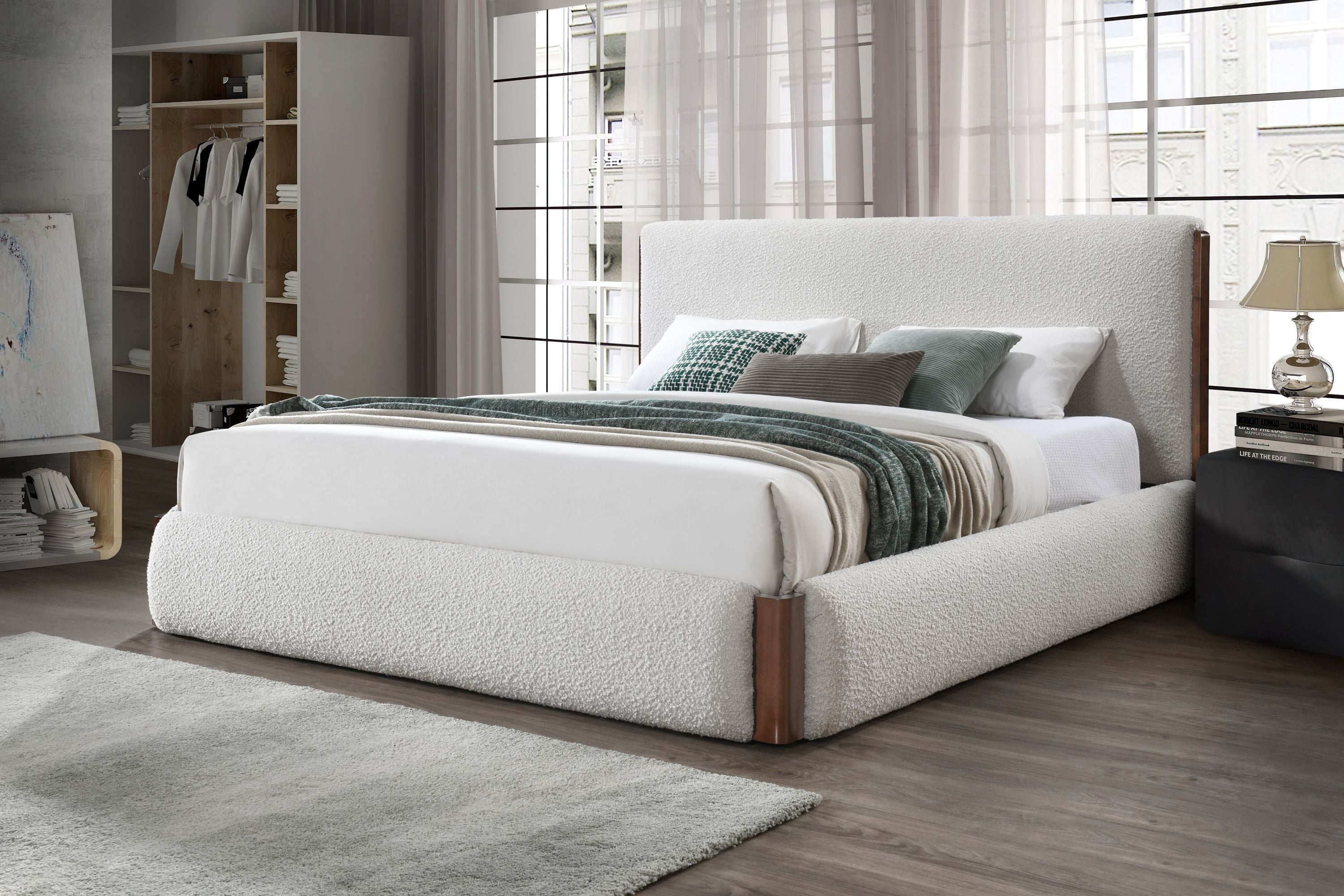 Queen Bed, White Boucle & Walnut Finish