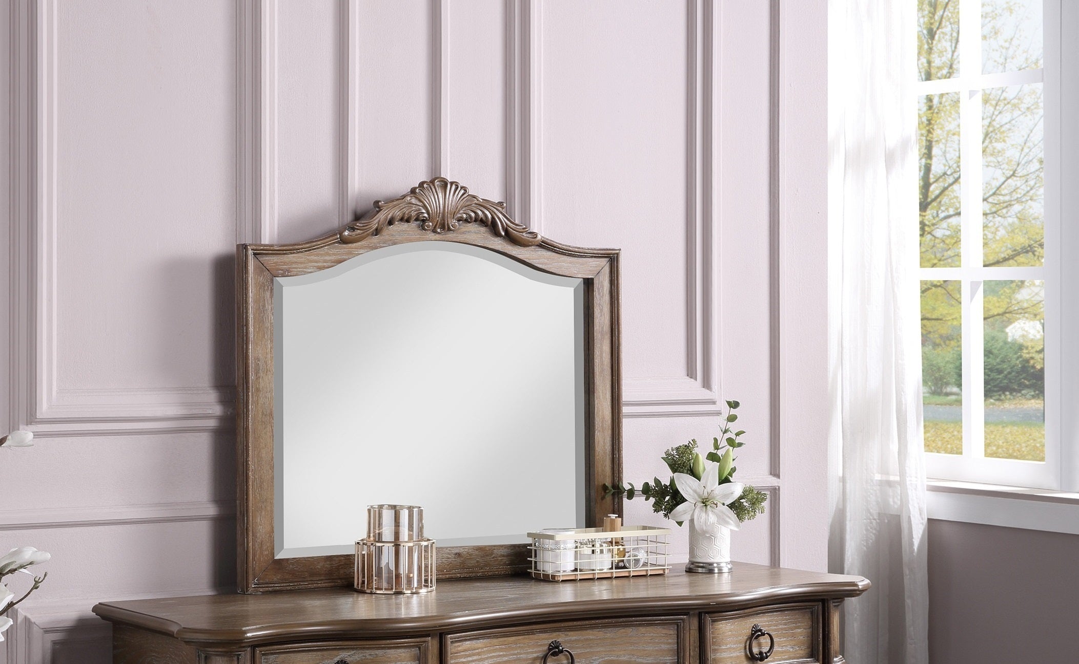 Contemporary Antique Oak Color Vanity Set with Stool Retro Style Drawers Cabriole-tapered Legs Mirror with Floral Crown Molding