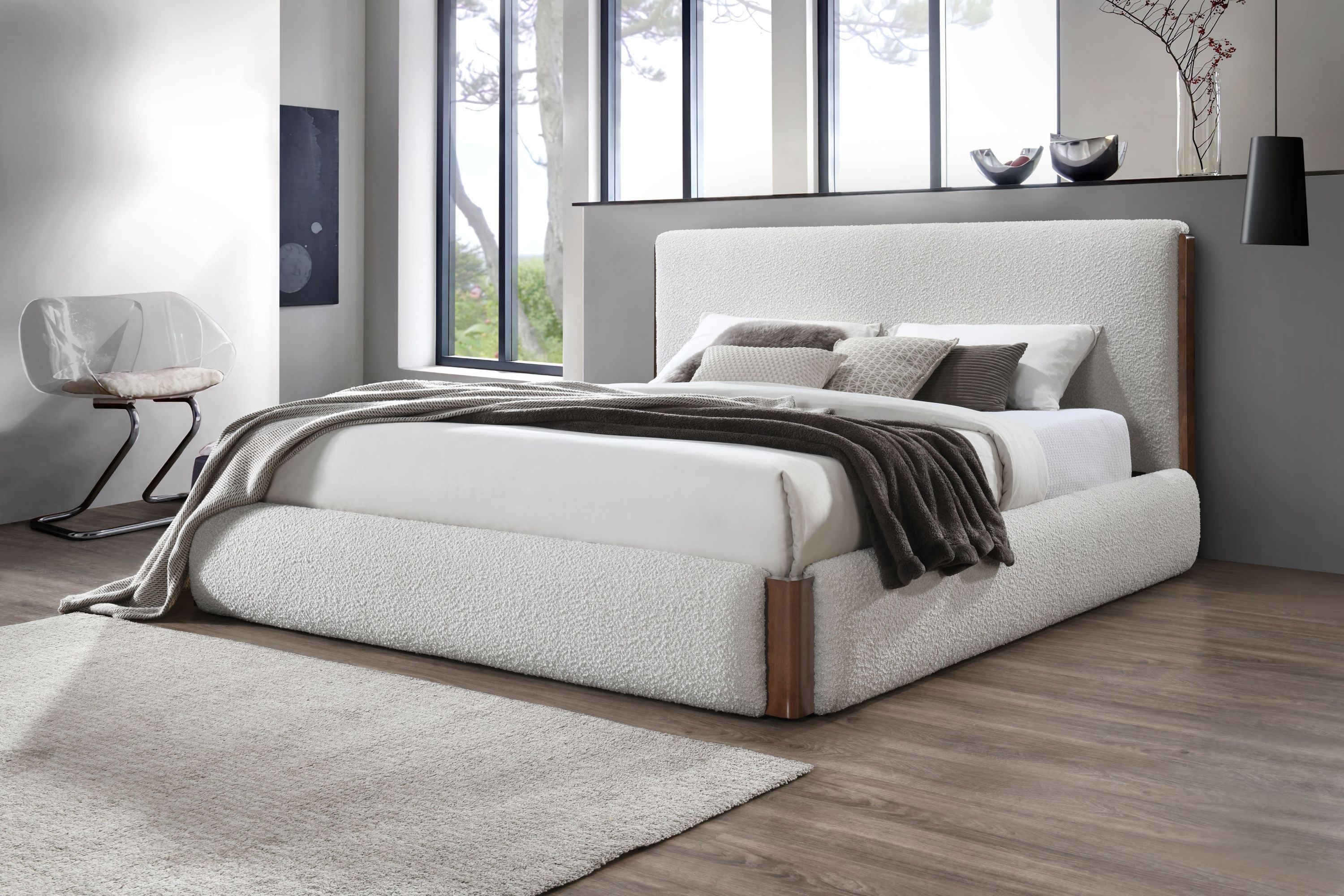Queen Bed, White Boucle & Walnut Finish