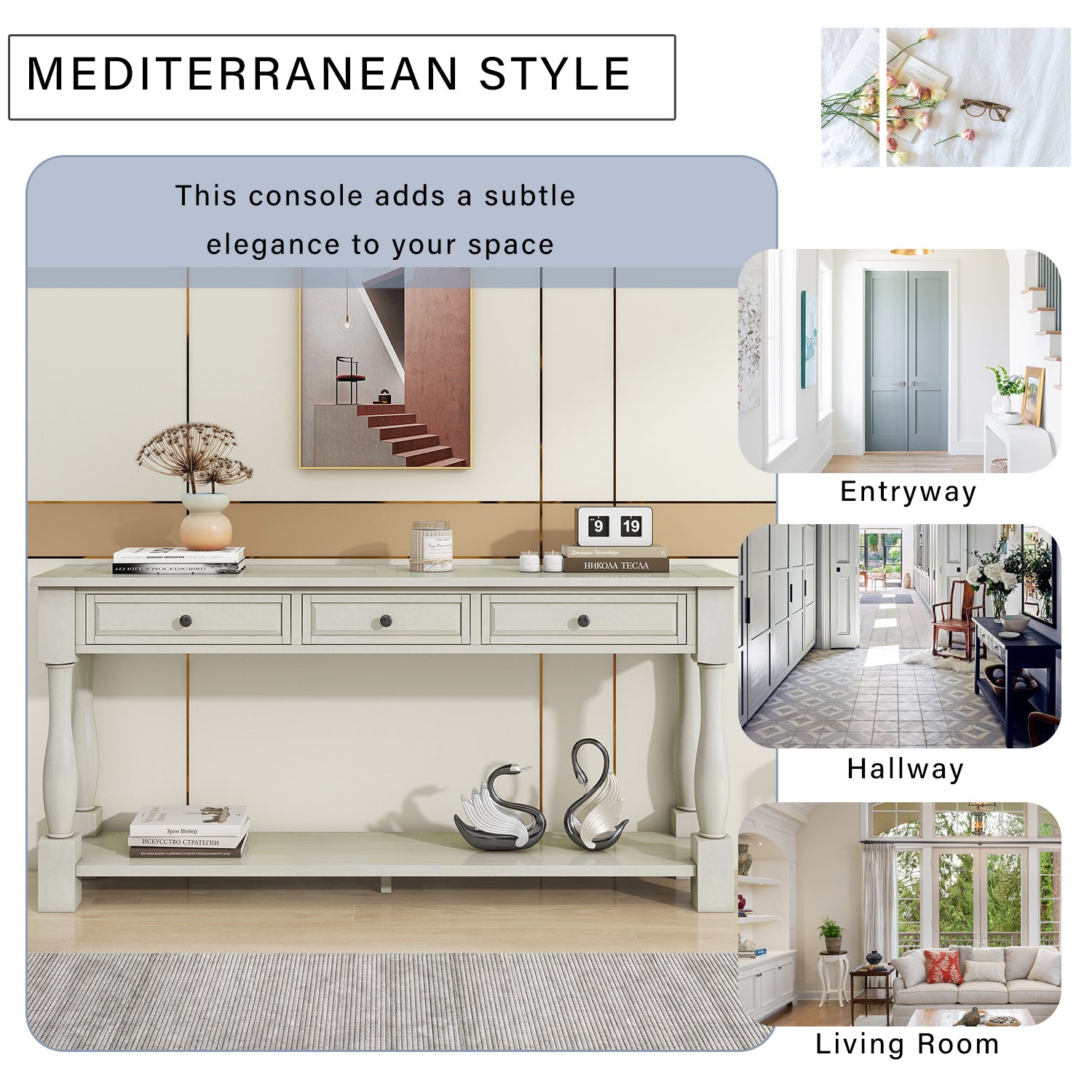 63" Long Console Table with Drawers and Shelf for Entryway, Hallway, Living Room - Antique White